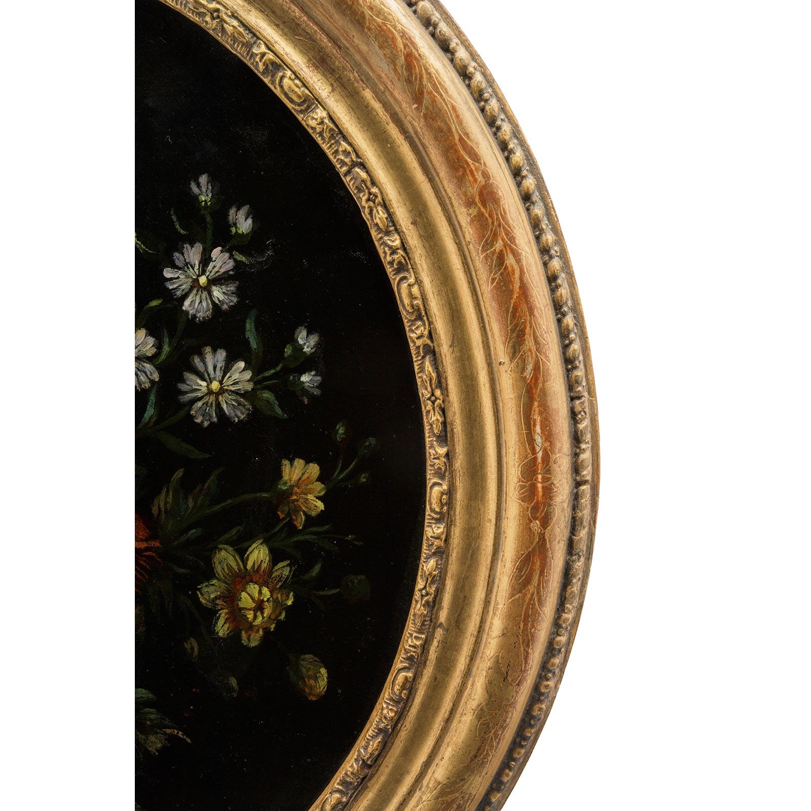 Italienisches Stillleben im Louis-XVI-Stil des 19. Jahrhunderts, oval, umgekehrt, auf Glas im Angebot 6