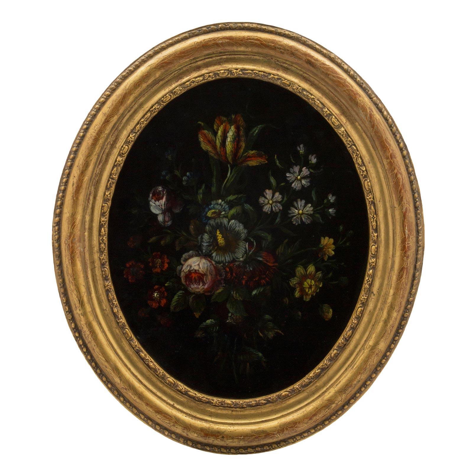 Italian 19th Century Louis XVI Style Oval Reverse Painted on Glass Still Lifes In Good Condition For Sale In West Palm Beach, FL