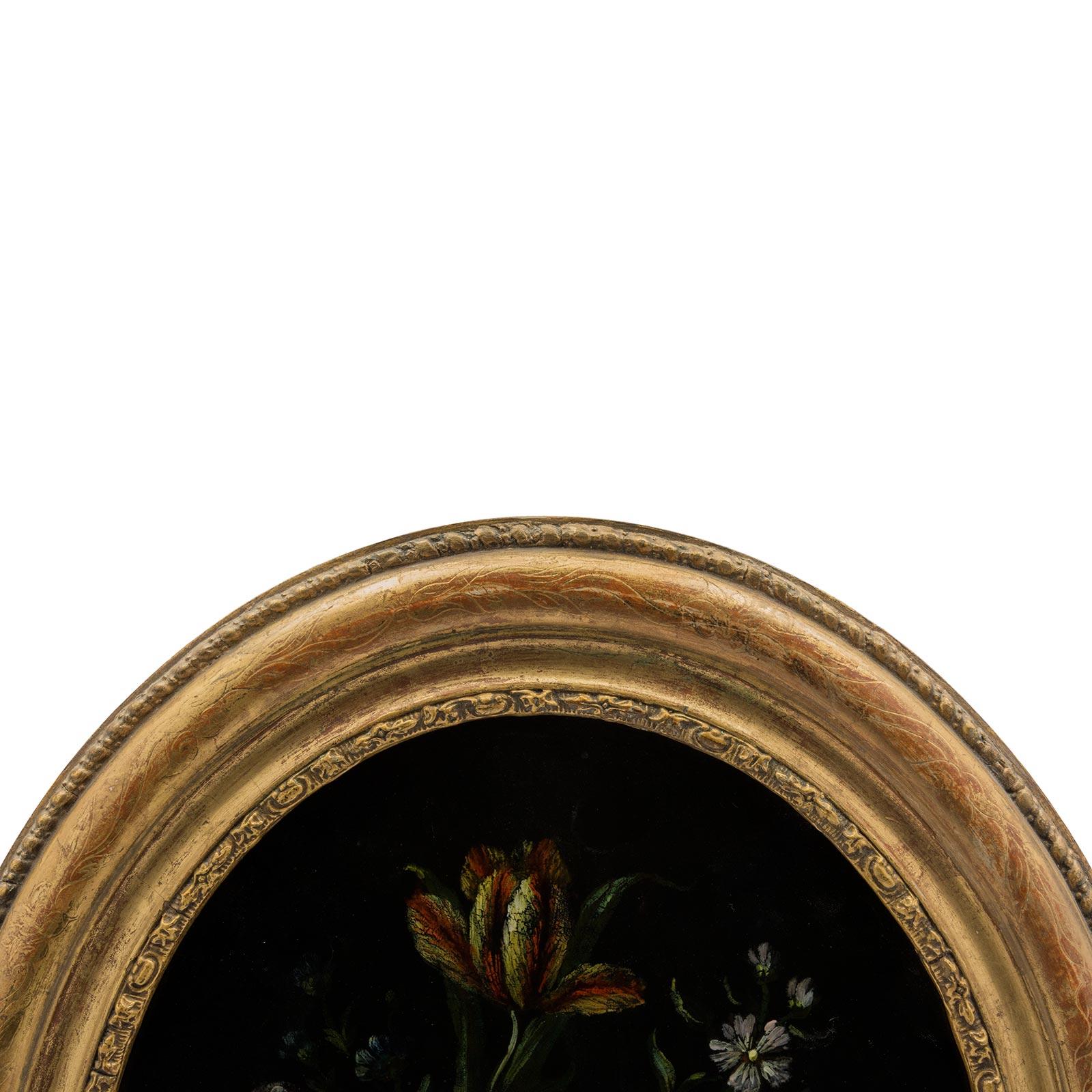 Italienisches Stillleben im Louis-XVI-Stil des 19. Jahrhunderts, oval, umgekehrt, auf Glas im Angebot 4