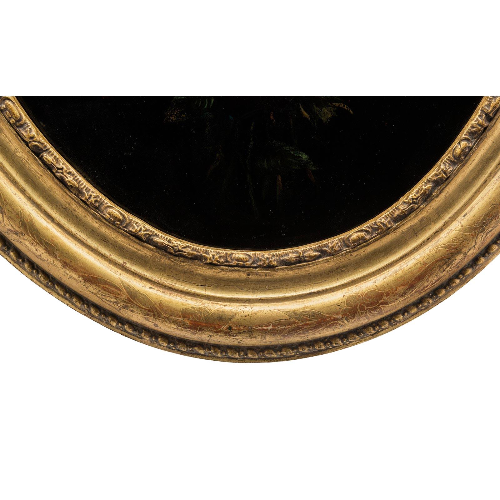 Italienisches Stillleben im Louis-XVI-Stil des 19. Jahrhunderts, oval, umgekehrt, auf Glas im Angebot 5