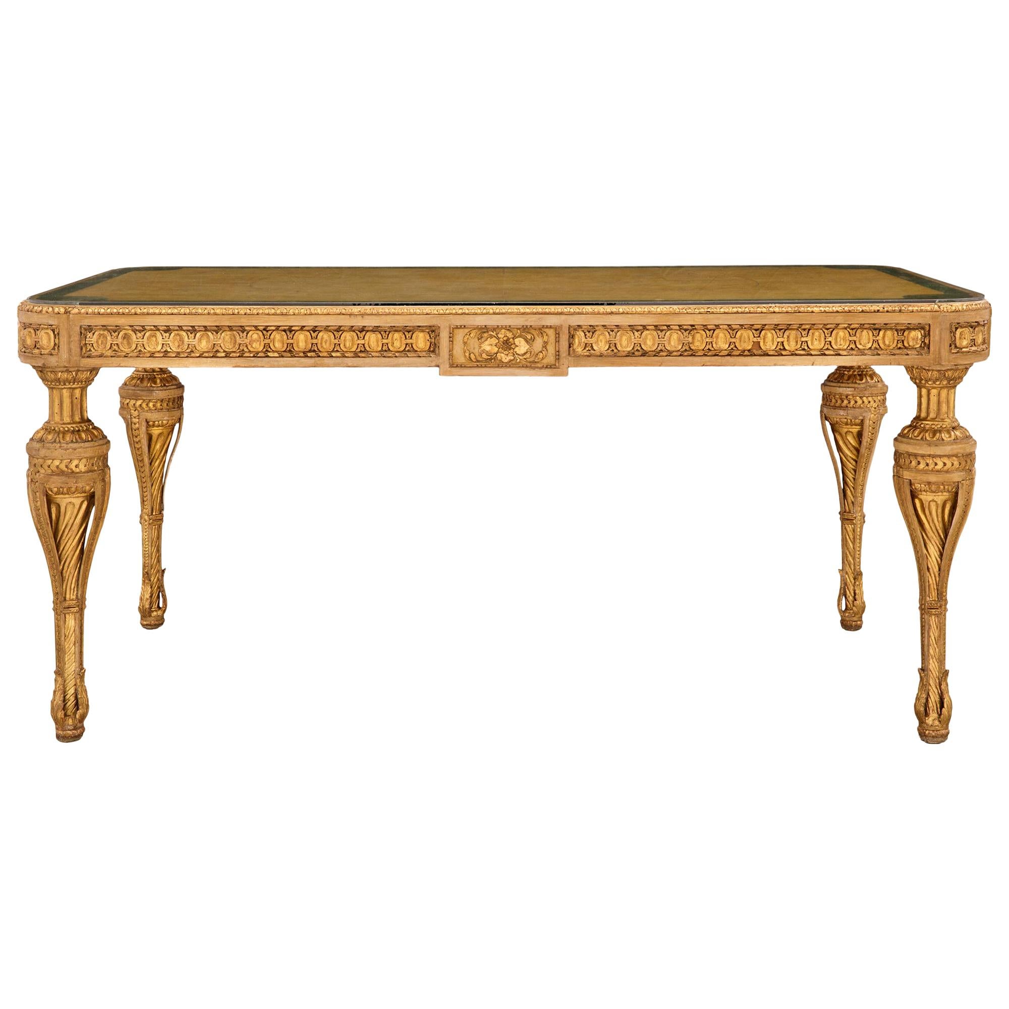 Table centrale/table de salle à manger italienne de style Louis XVI du XIXe siècle en bois patiné et doré