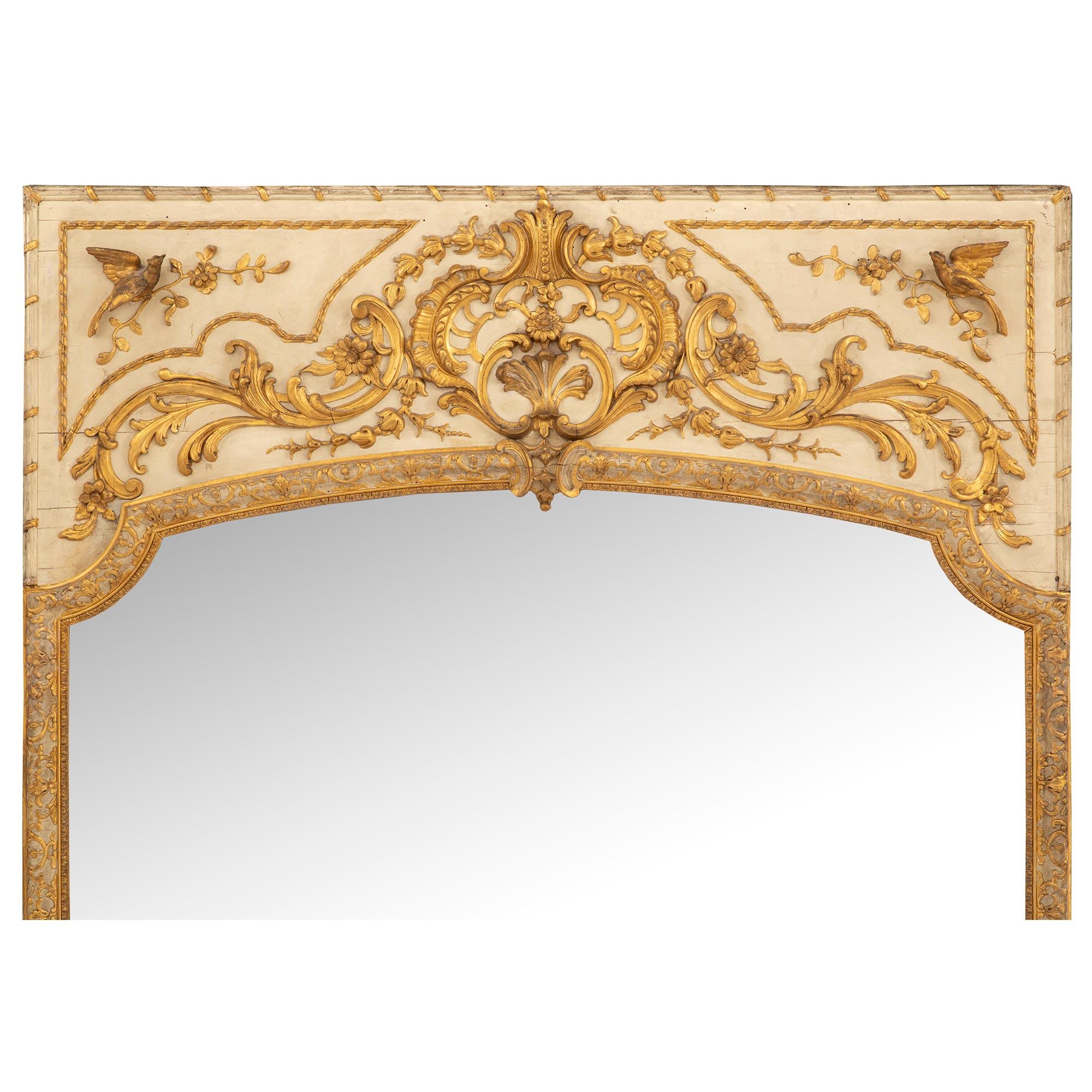 Mirror Italian 19th Century Louis XVI Style Patinated off White and Giltwood Trumeau For Sale