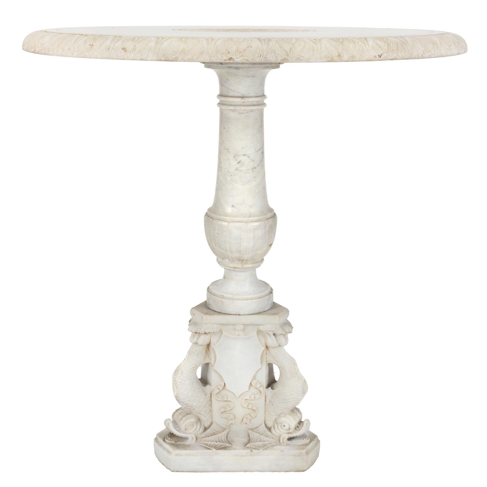 Italian 19th Century Louis XVI Style Solid White Carrara Marble Side Table 1