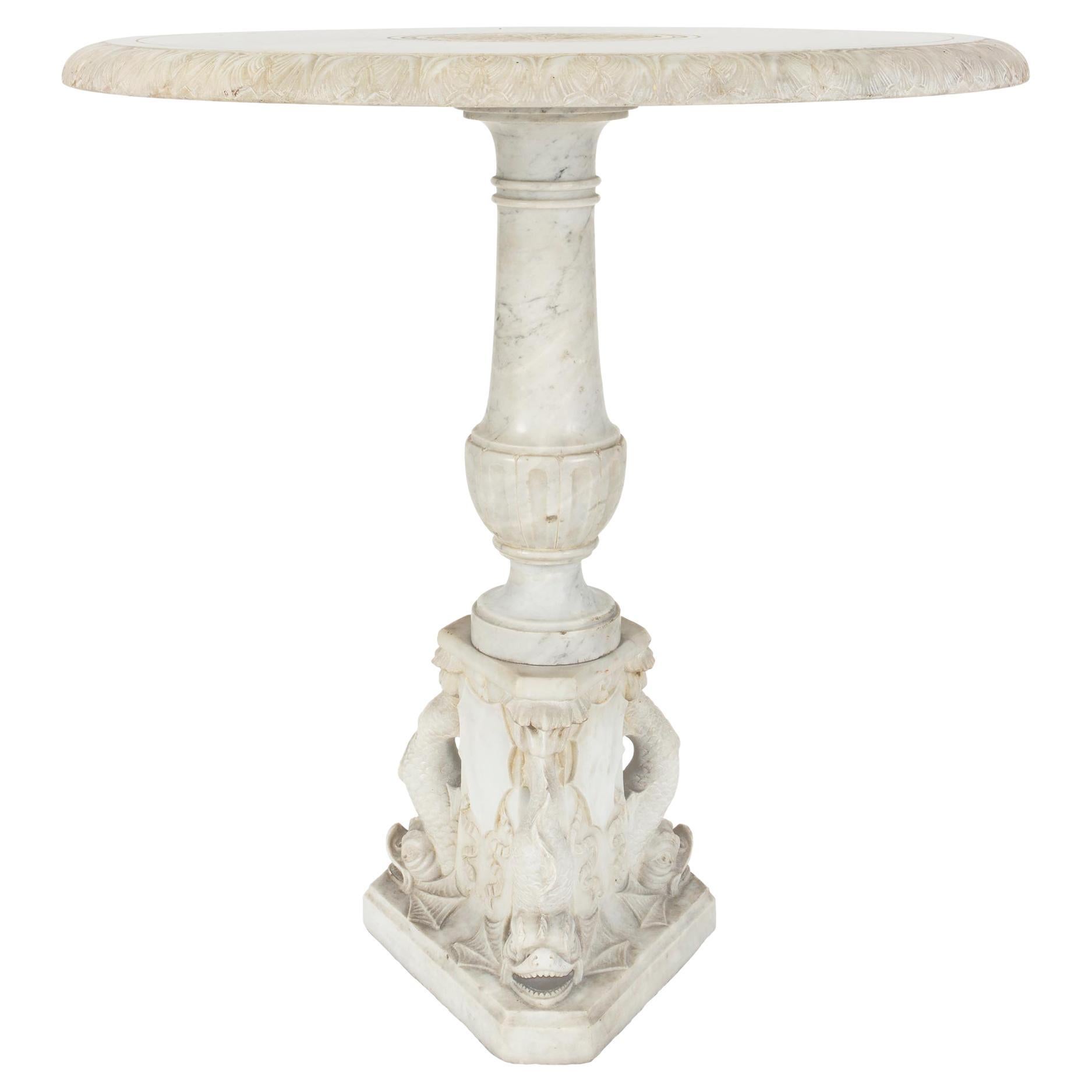 Italian 19th Century Louis XVI Style Solid White Carrara Marble Side Table