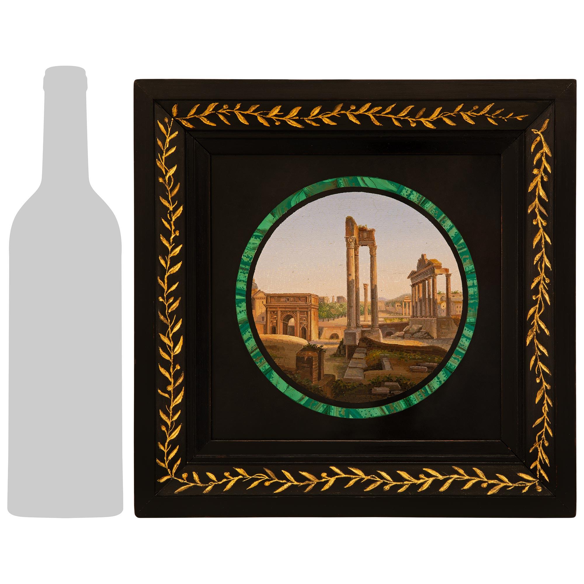 A superb and most decorative Italian 19th century Malachite, Black Belgian marble and Ebony micro mosaic plaque. This intricately detailed micro mosaic plaque is centered by an exquisite depiction of the Roman Forum, which includes notable landmarks