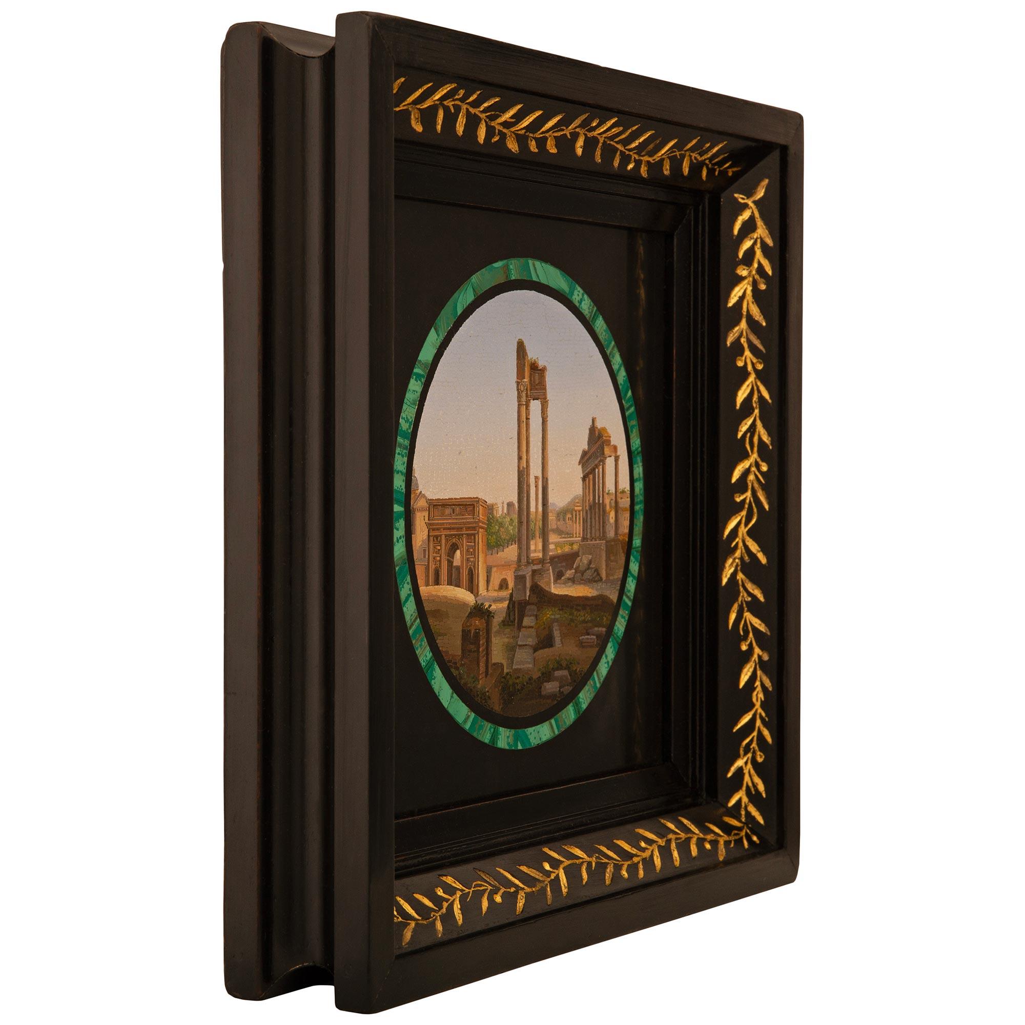 Mosaic Italian 19th century Malachite, Black Belgian marble & Ebony micro mosaic plaque For Sale
