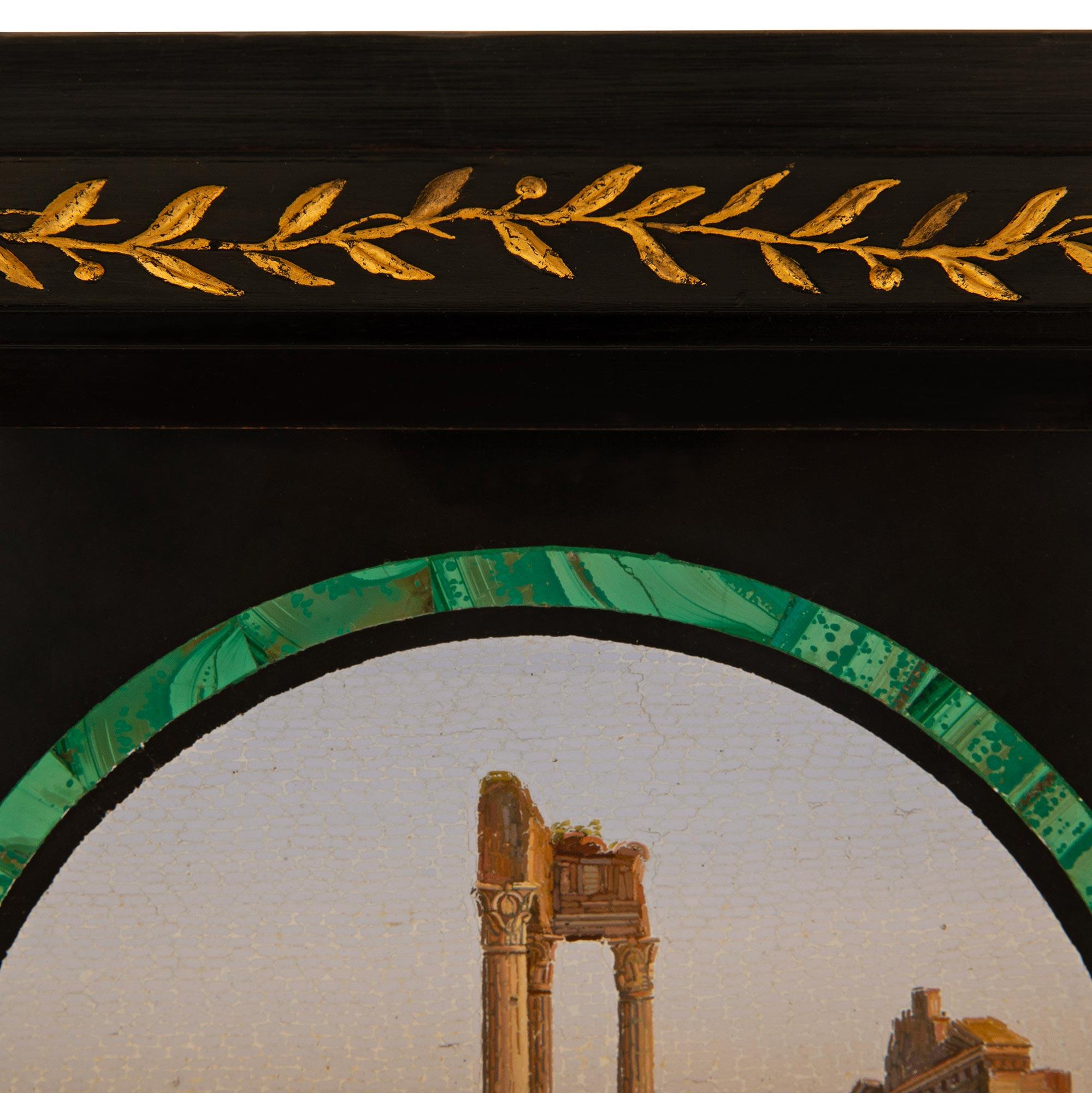 19th Century Italian 19th century Malachite, Black Belgian marble & Ebony micro mosaic plaque For Sale