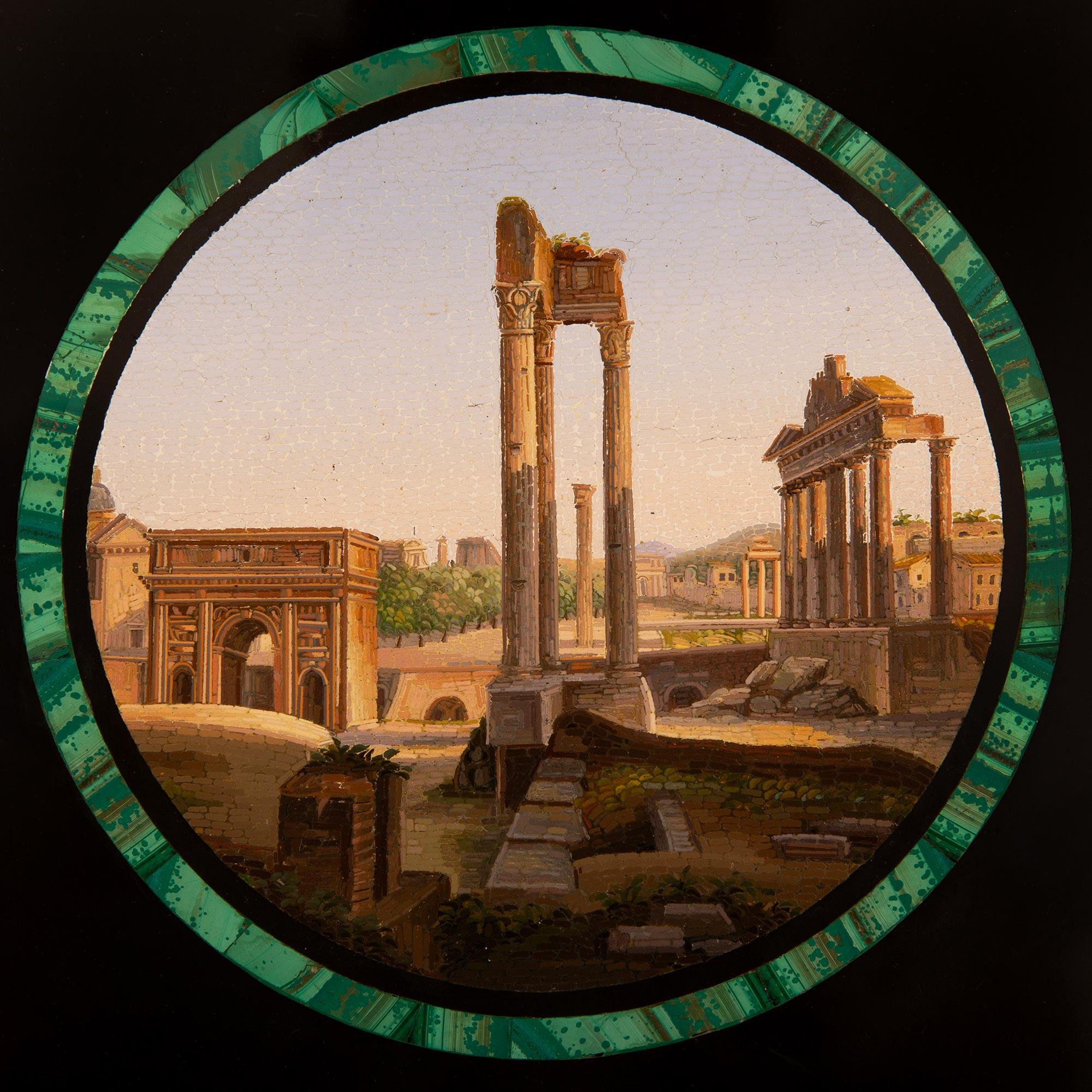 Belgian Black Marble Italian 19th century Malachite, Black Belgian marble & Ebony micro mosaic plaque For Sale