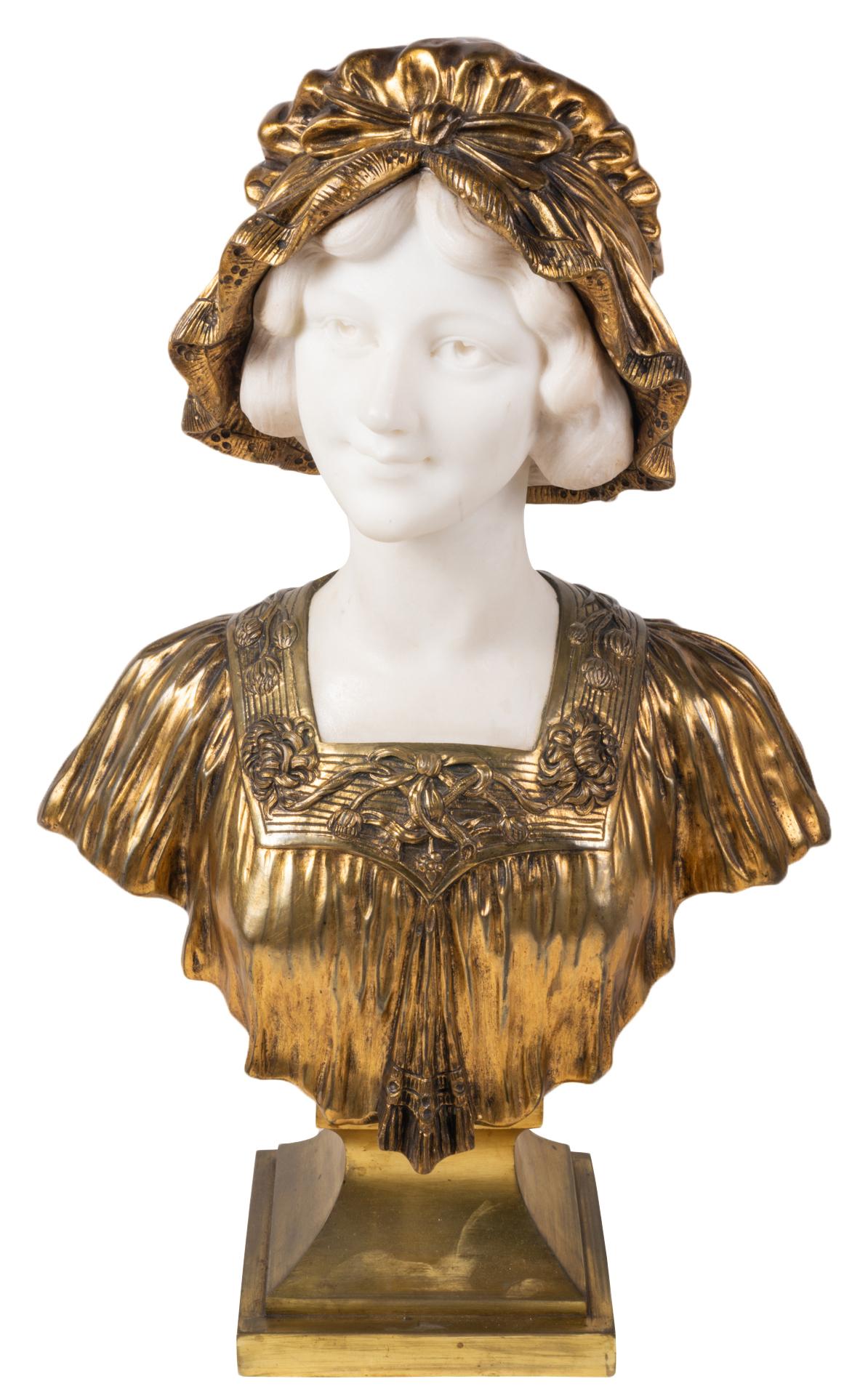 A classical 19th century Italian marble and gilded bronze bust of a pretty young girl wearing a bonnet,
circa 1880.
Signed: Giovanni Battista Ferrari (Italian, 1829-1906).