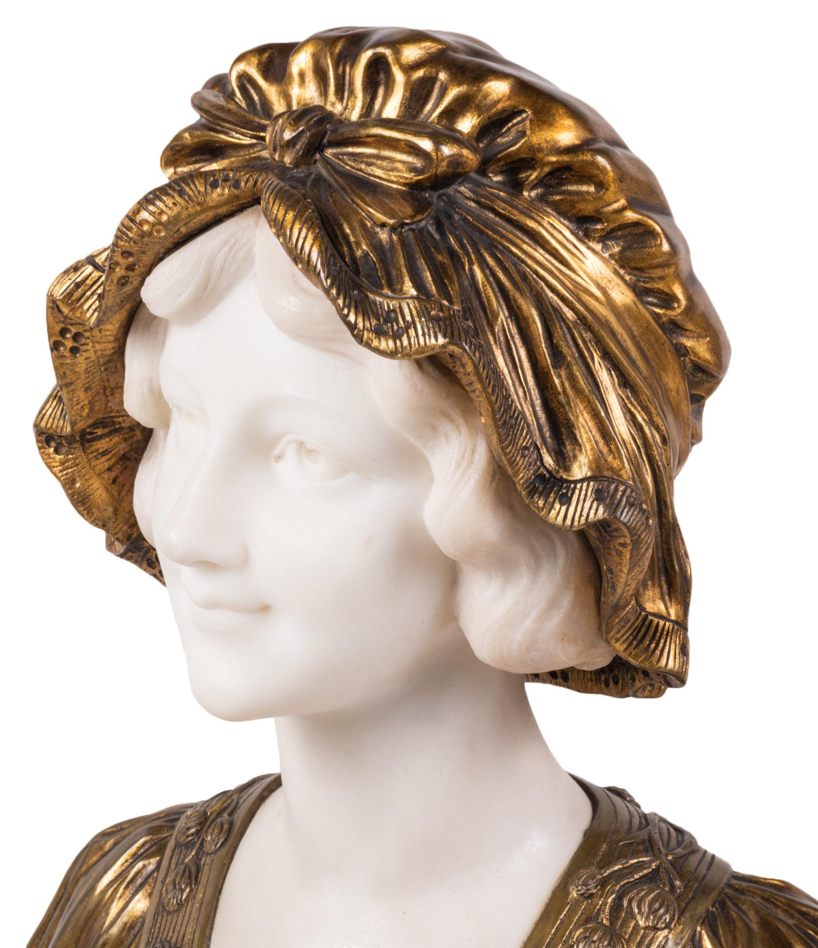 Italian 19th Century Marble and Bronze Bust of a Lady in a Bonnet, circa 1880 1