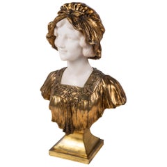 Italian 19th Century Marble and Bronze Bust of a Lady in a Bonnet, circa 1880