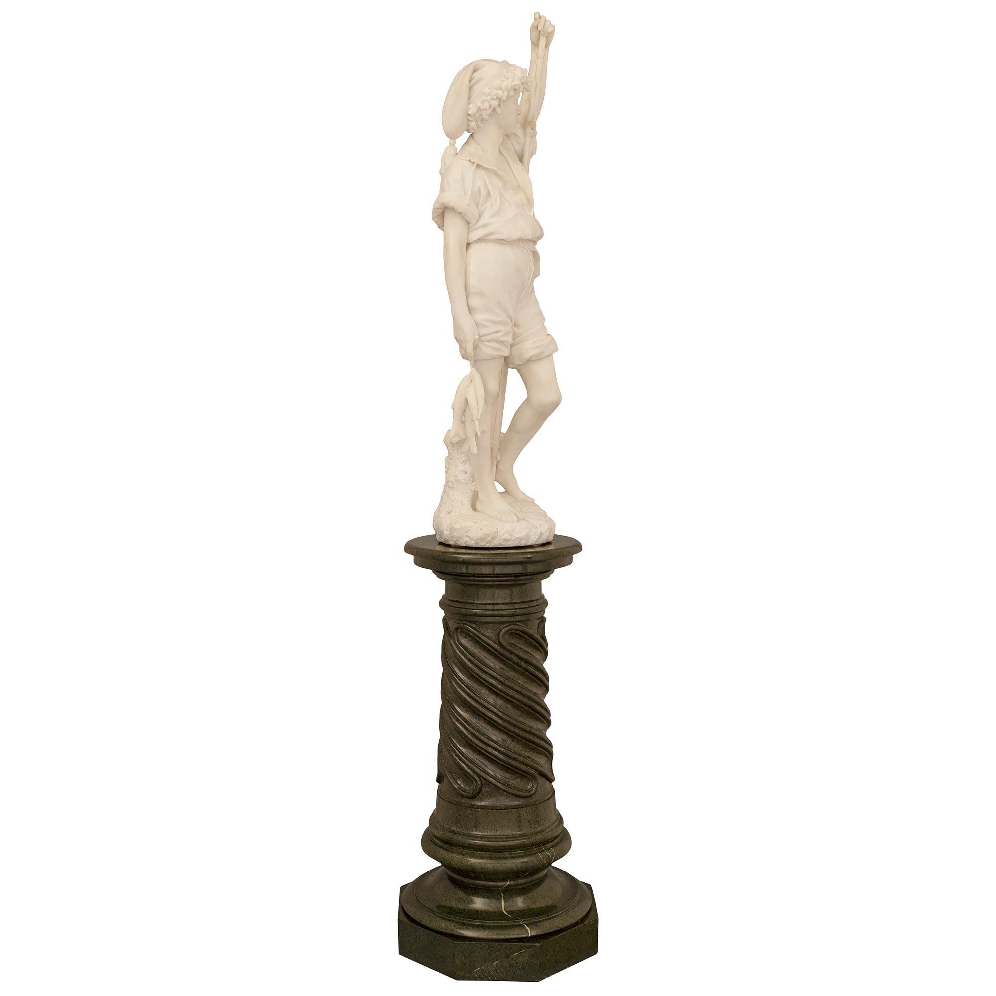 Italian 19th Century Marble Statue of a Fisher Boy on a Marble Pedestal In Good Condition In West Palm Beach, FL