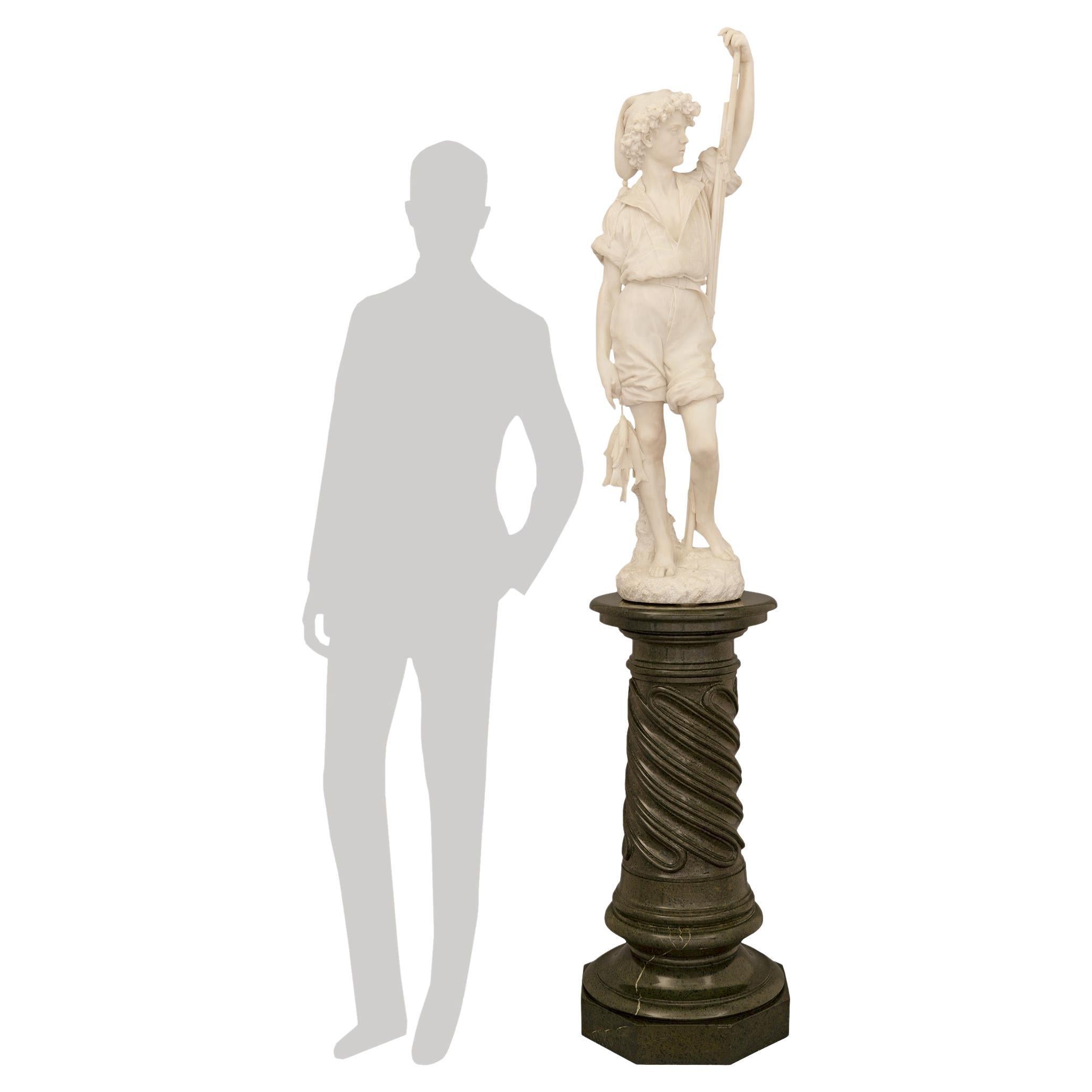 Italian 19th Century Marble Statue of a Fisher Boy on a Marble Pedestal