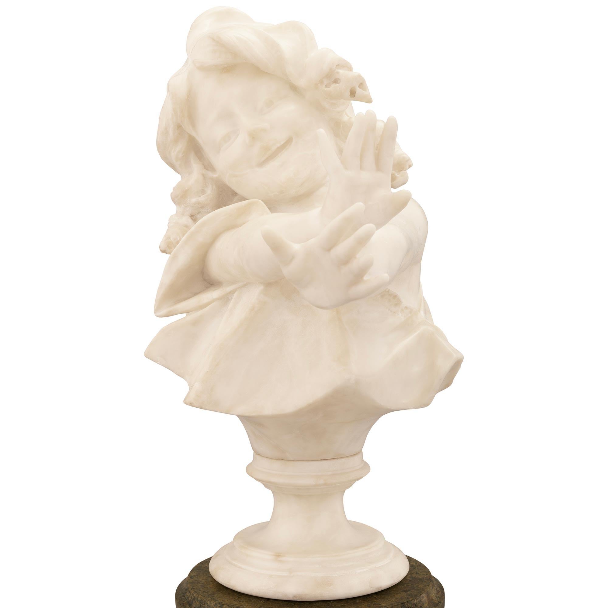 Italian 19th Century Marble Statue Of A Young Girl On Its Original Pedestal In Good Condition For Sale In West Palm Beach, FL