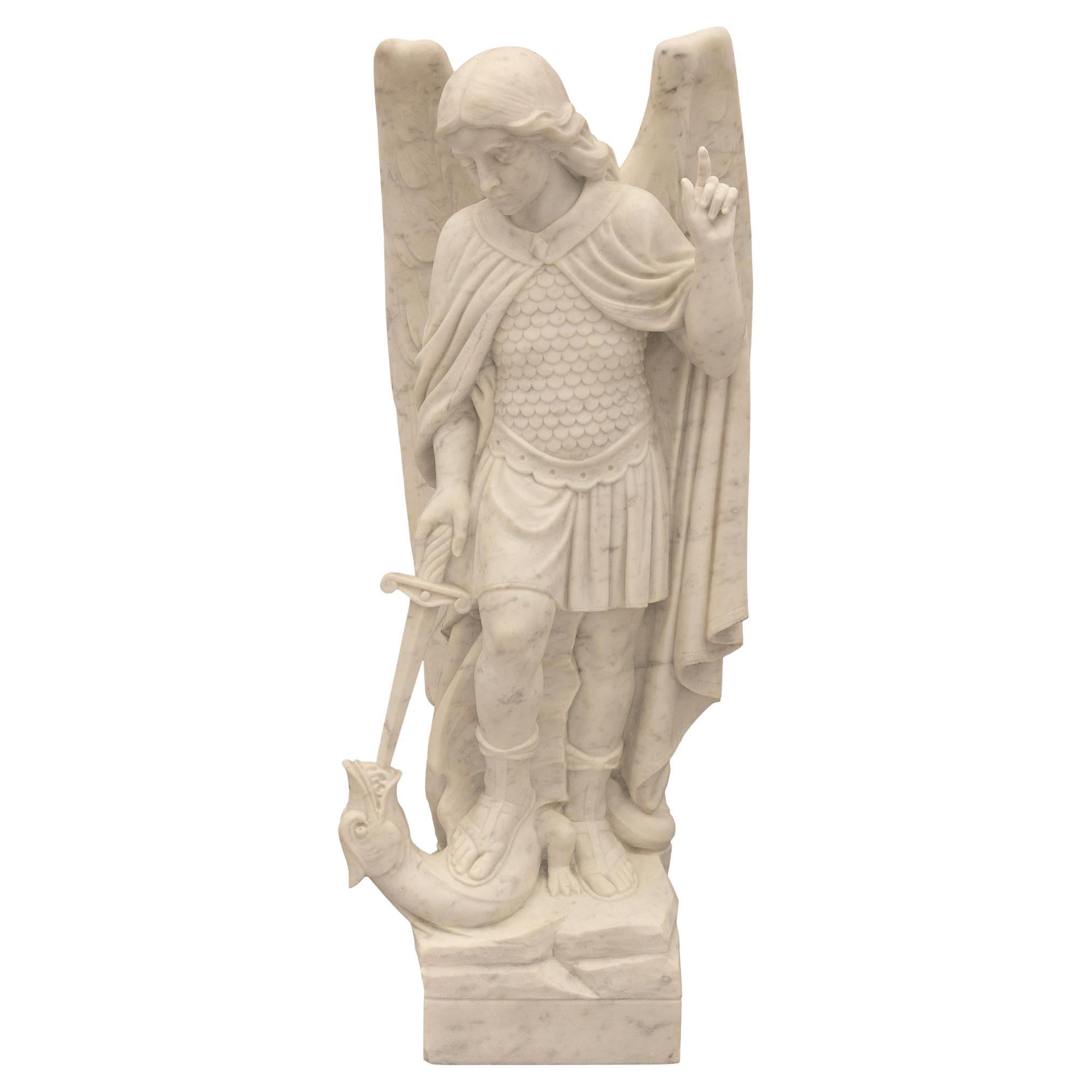 Italian 19th Century Marble Statue of Saint Michael Slaying the Dragon For Sale
