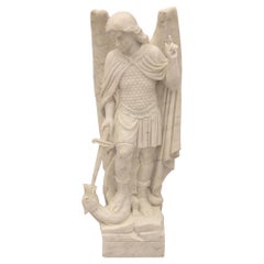 Italian 19th Century Marble Statue of Saint Michael Slaying the Dragon