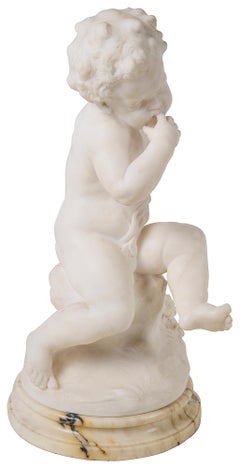 Italian 19th Century Marble Statue Seated Child Holding Flowers