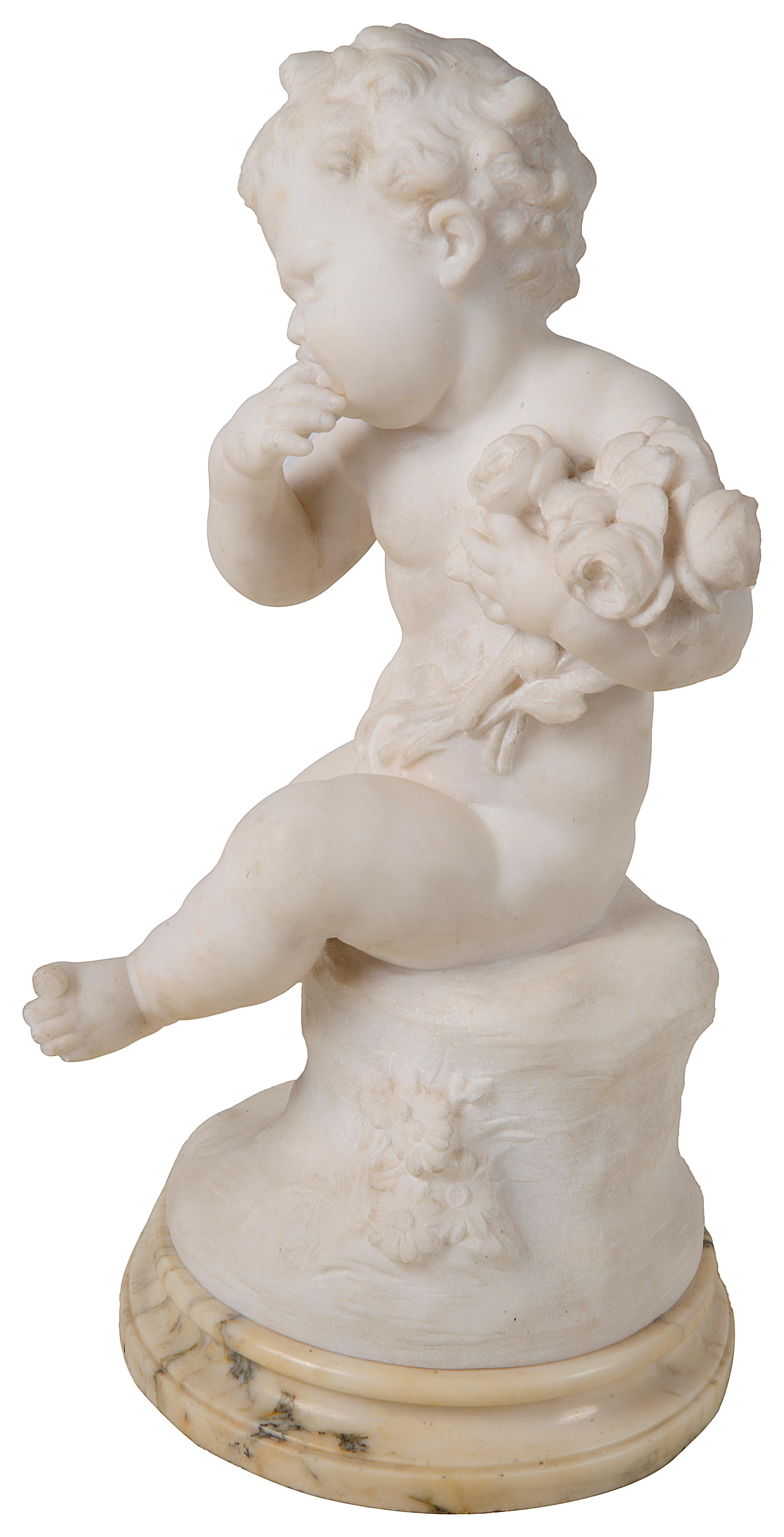 Hand-Carved Italian 19th Century Marble Statue Seated Child Holding Flowers For Sale