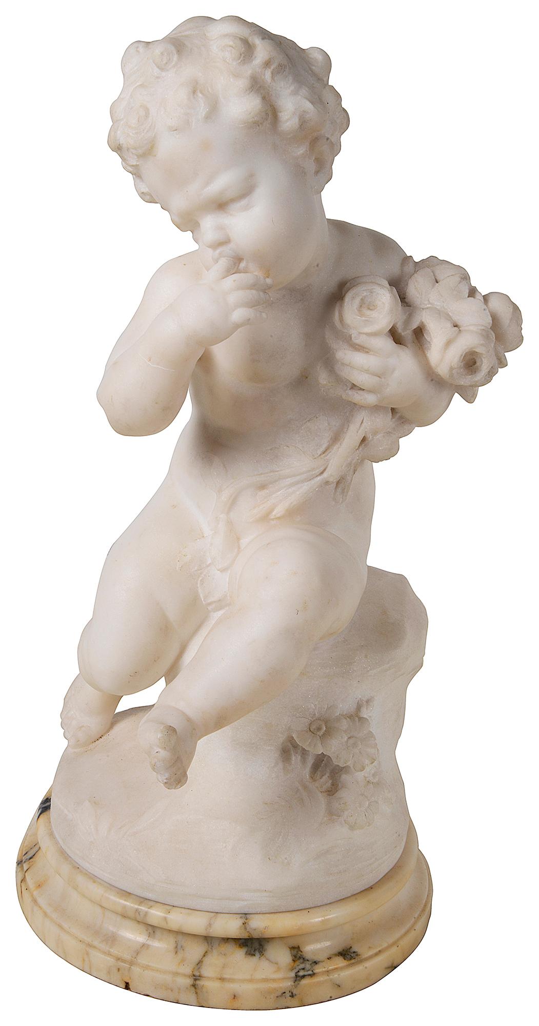 Romantic Italian 19th Century Marble Statue Seated Child Holding Flowers For Sale