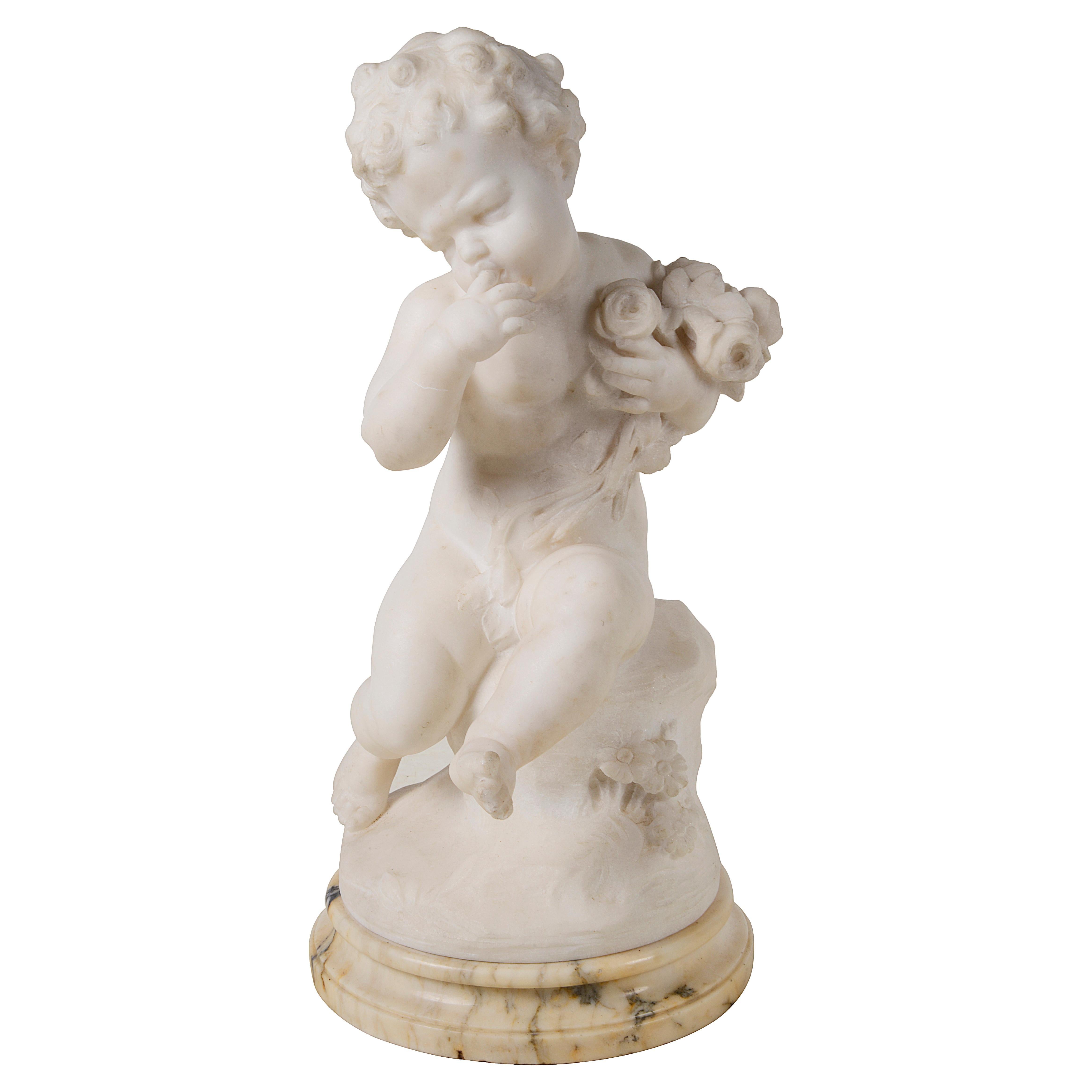 Statue italienne en marbre du 19ème siècle, enfant assis tenant des fleurs en vente