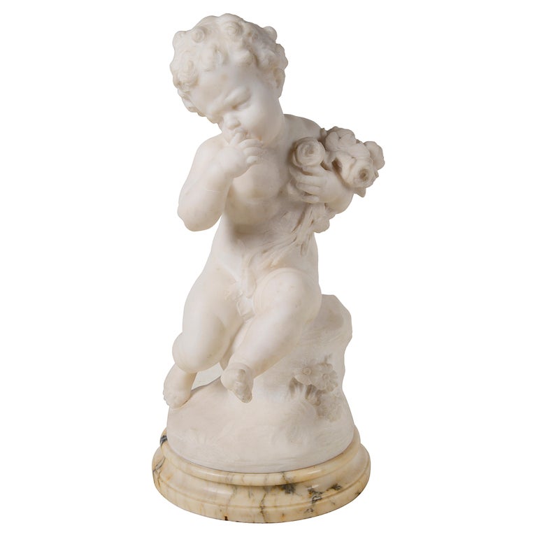 Italian 19th Century Marble Statue Seated Child Holding Flowers For Sale