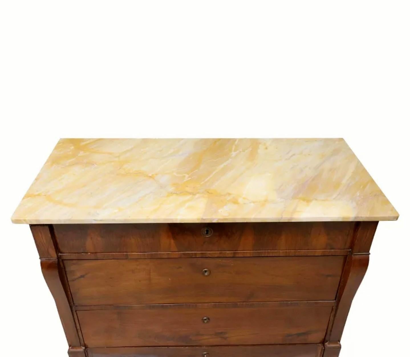Empire Italian 19th Century Marble-Top Figured Walnut Chest of Drawers Commode