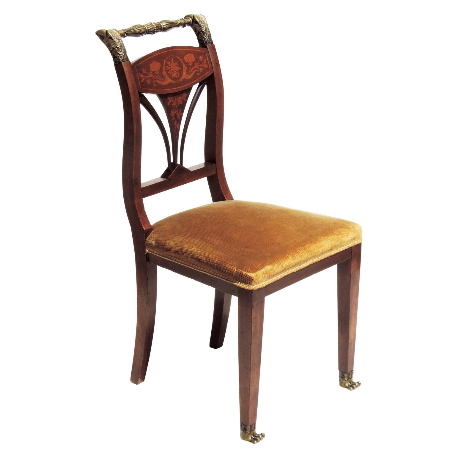 Italian 19th Century Marquetry and Bronze Empire Side Chair For Sale