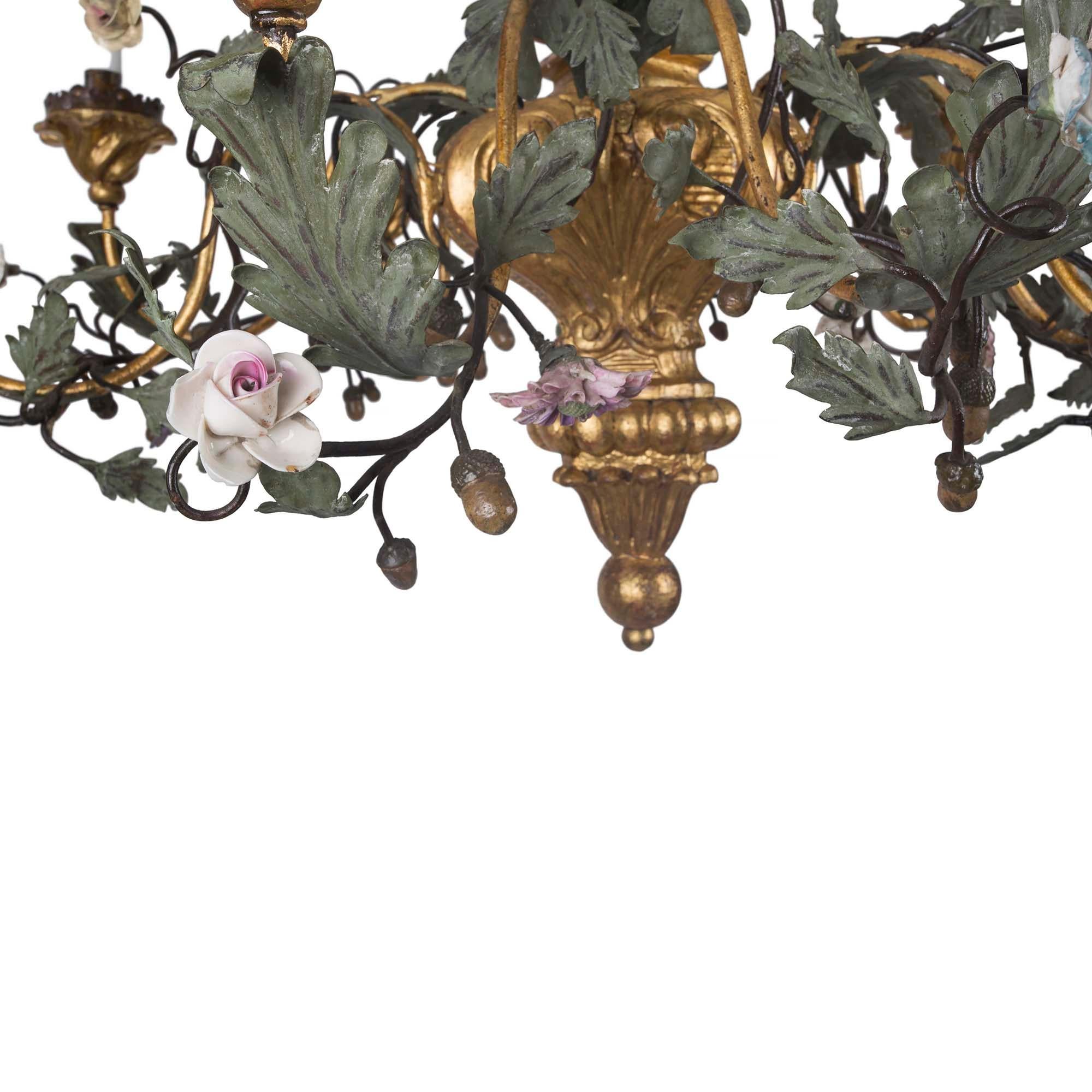 Italian 19th Century Metal and Porcelain Eight-Light Chandelier In Good Condition For Sale In West Palm Beach, FL