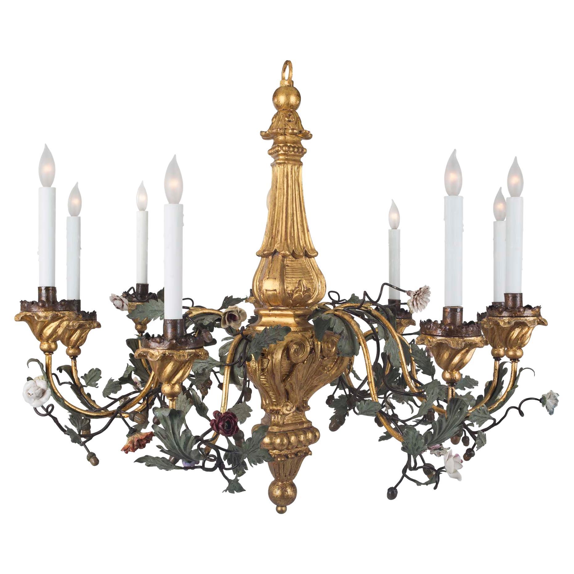 Italian 19th Century Metal and Porcelain Eight-Light Chandelier
