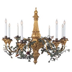 Antique Italian 19th Century Metal and Porcelain Eight-Light Chandelier