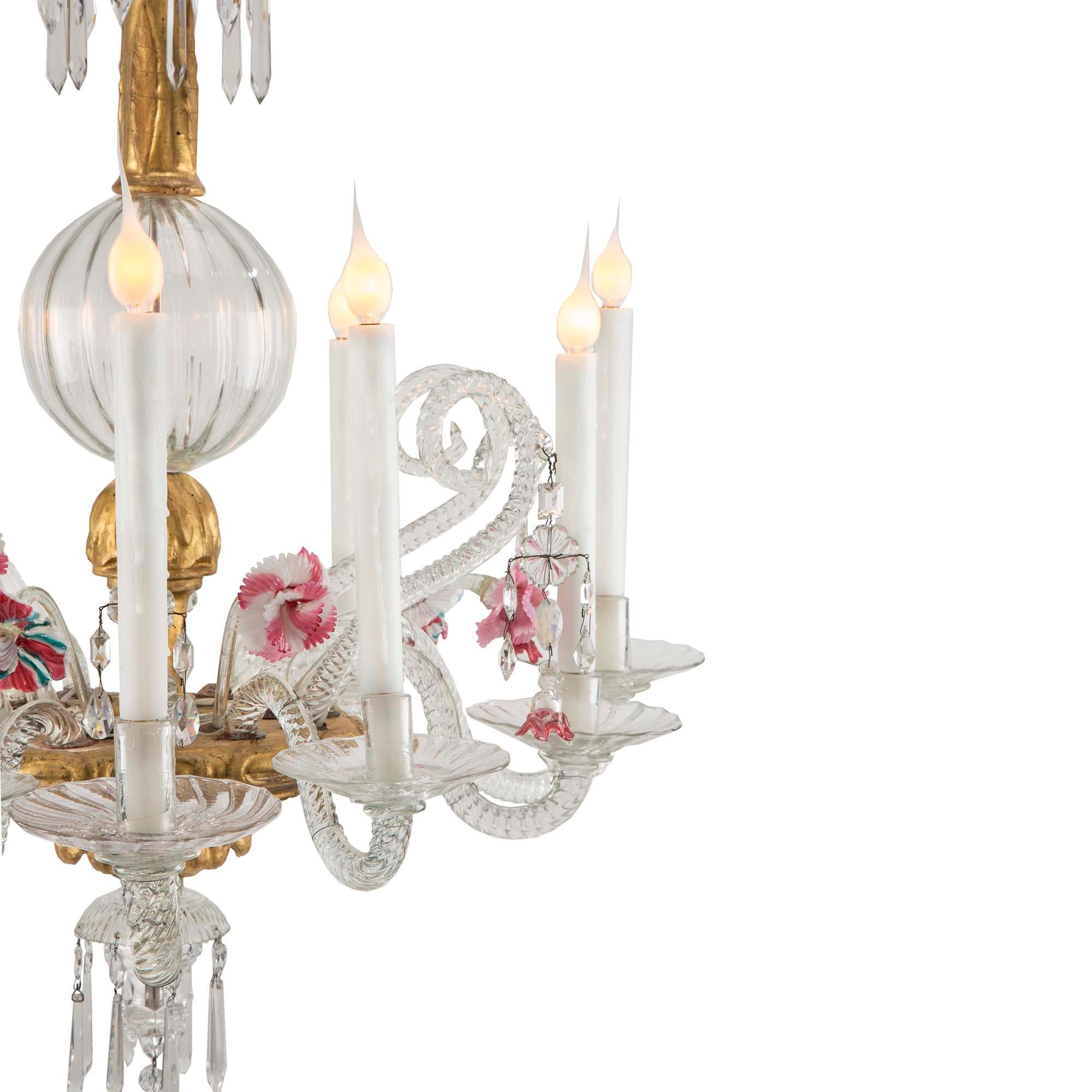 Italian 19th Century Murano Glass and Giltwood Chandelier In Good Condition In West Palm Beach, FL