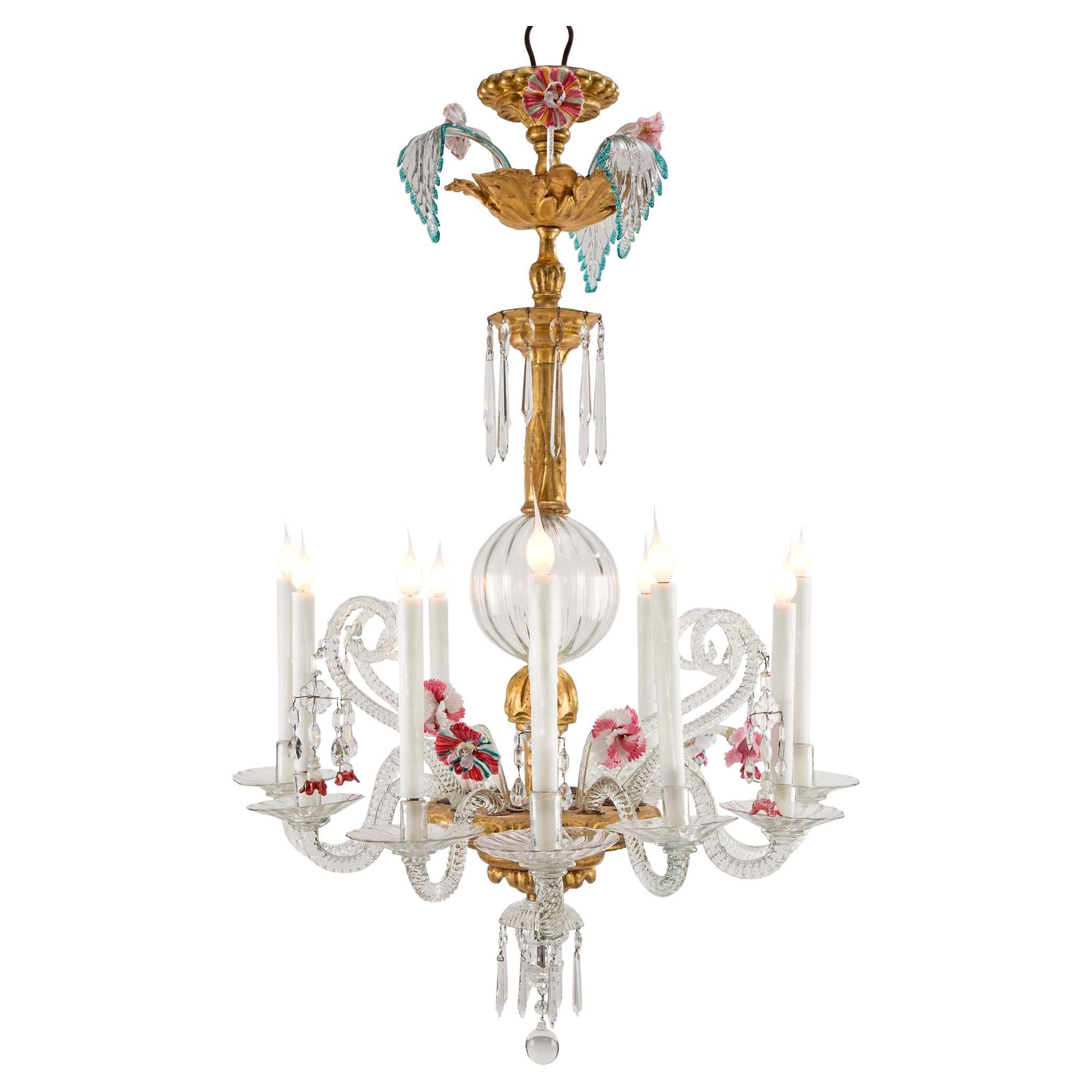 Italian 19th Century Murano Glass and Giltwood Chandelier