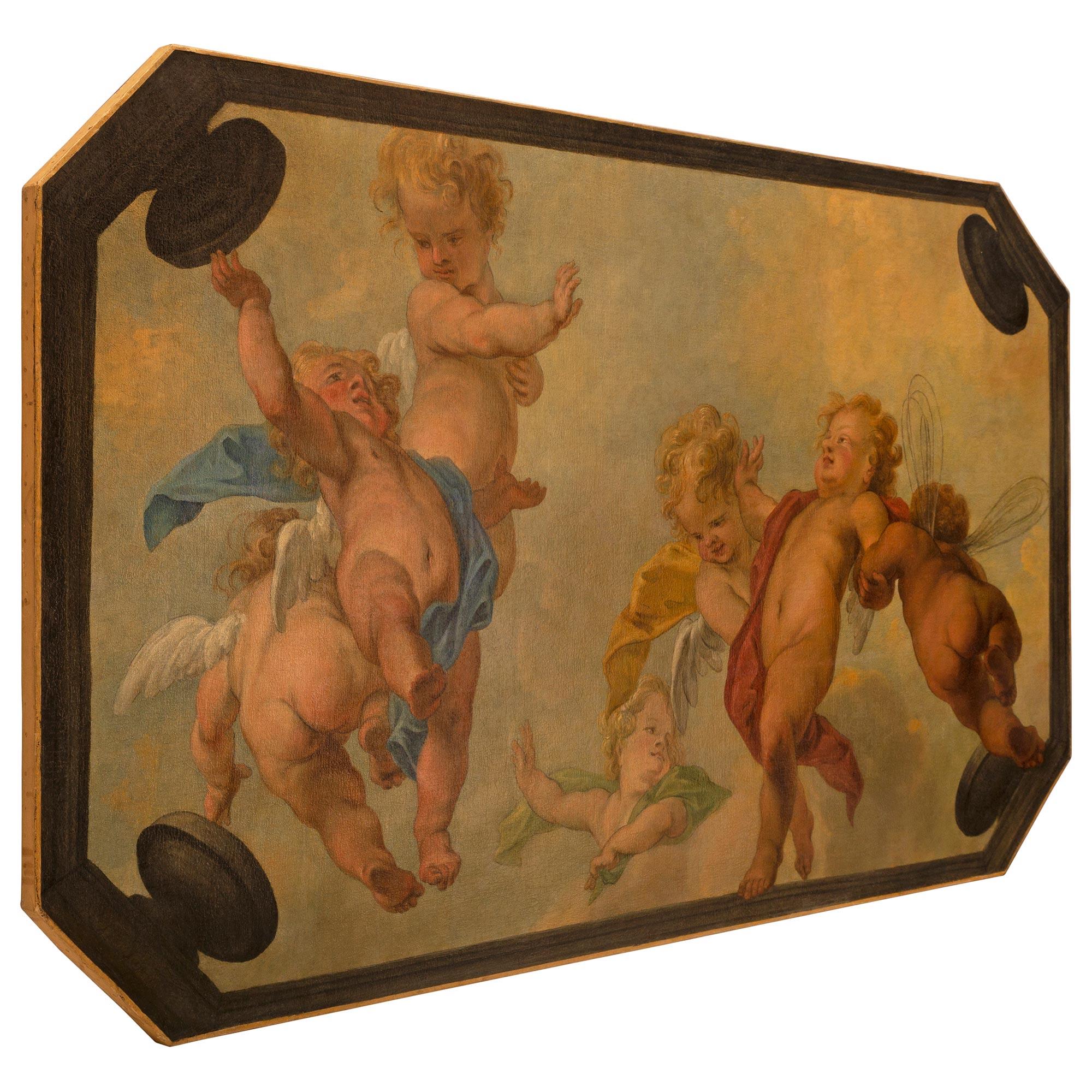 A beautiful wonderfully executed Italian 19th century Neo-Classical oil on canvas ceiling painting. The elongated octagonal shaped painting depicts seven charming finely detailed winged cherubs draped in flowing fabric garlands amidst clouds in the