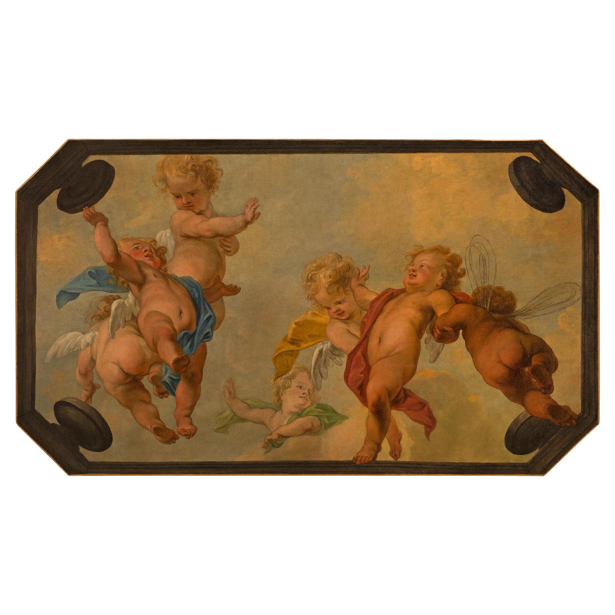 Huile sur toile italienne néo-classique du 19ème siècle représentant un plafond