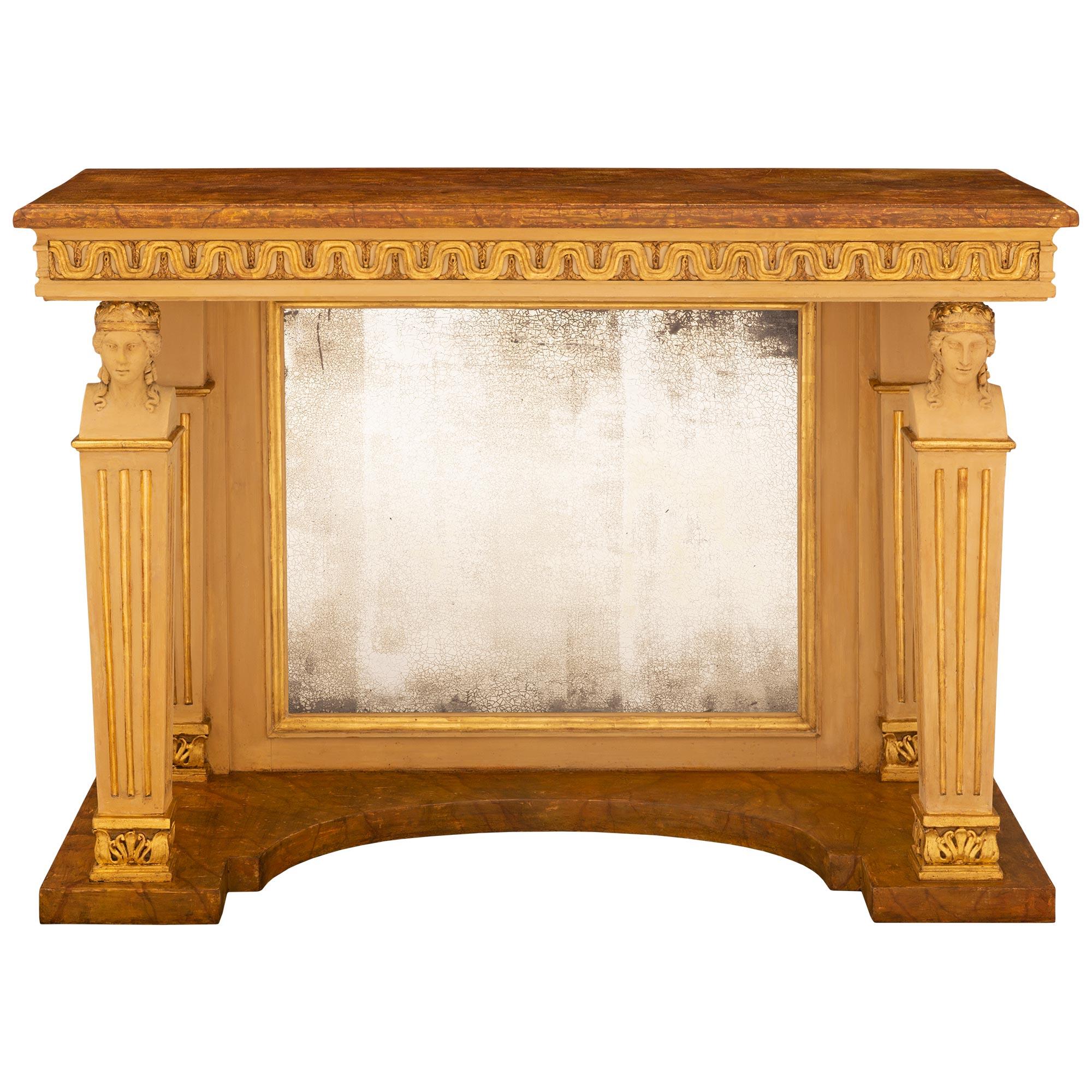 Console italienne néoclassique du 19ème siècle en bois doré et faux marbre en vente 3