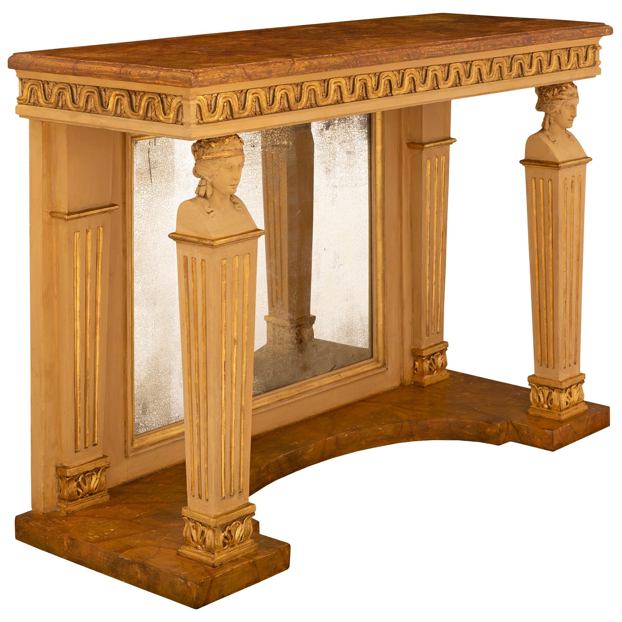 Néoclassique Console italienne néoclassique du 19ème siècle en bois doré et faux marbre en vente
