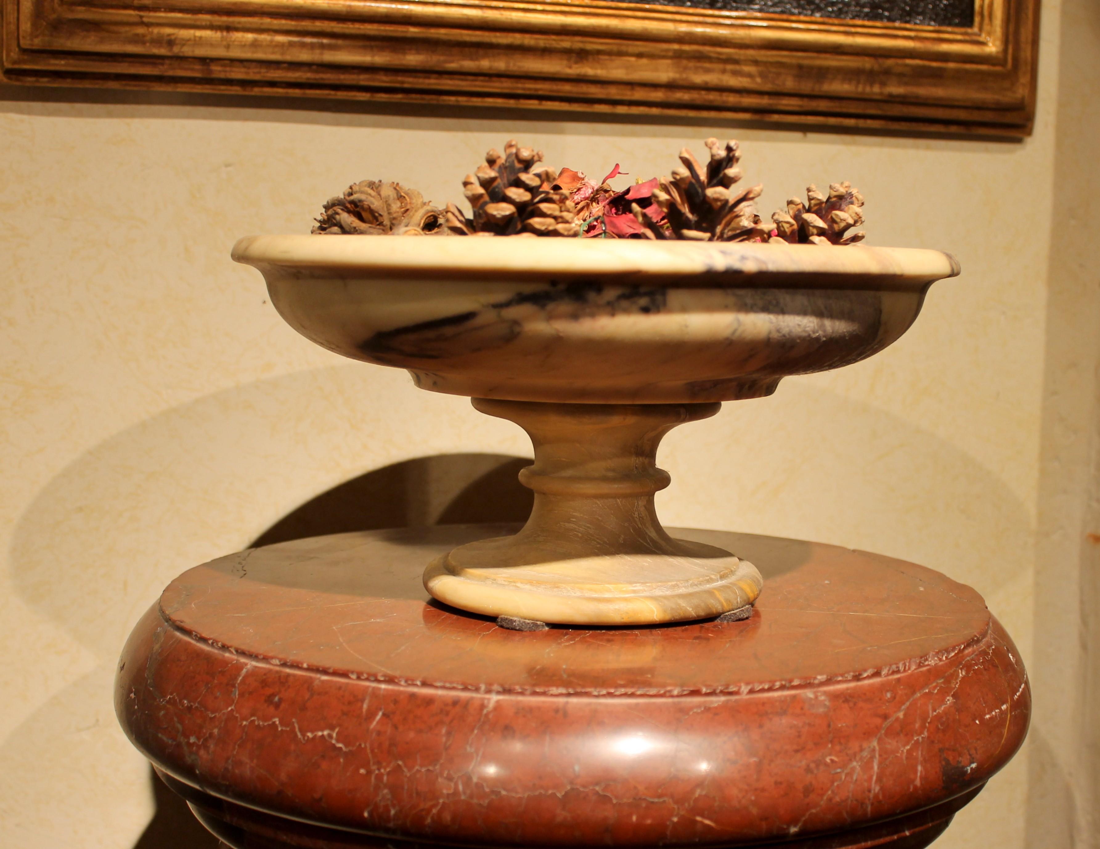 This Italian 19th century ( 1810- 1860 circa) antique neoclassical marble tazza or bowl on pedestal features round lines finished with a rolled edge both on top and on socle. This highly decorative piece displaying an eye-catching flamed Cipollino