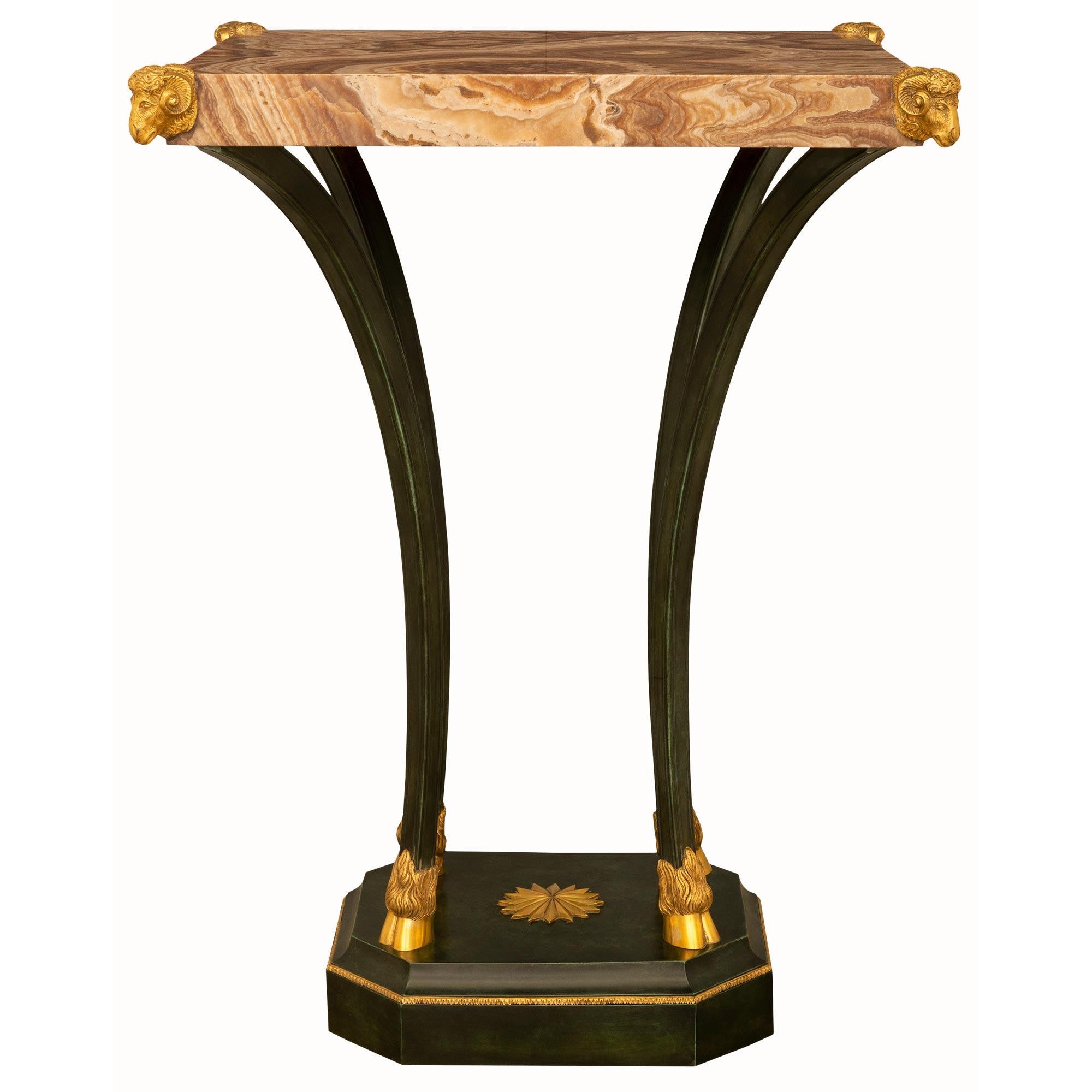 A stunning and extremely decorative Italian 19th century Neo-Classical st. patinated bronze, ormolu, and Alabastro Fiorito side table. The unique table is raised by a square patinated bronze base with cut corners and a mottled border with a fine