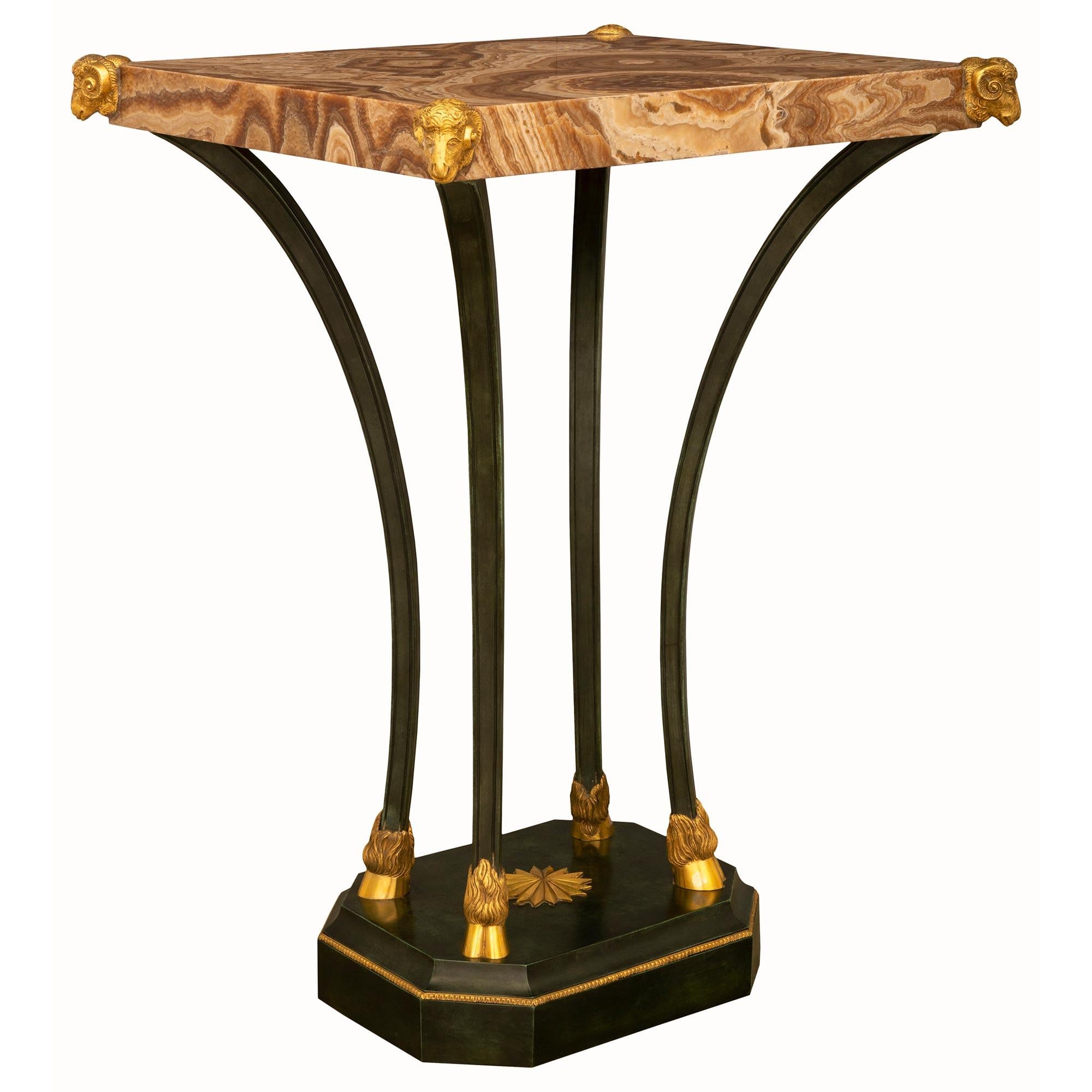 Patinated Italian 19th Century Neoclassical St. Bronze, Ormolu, and Marble Side Table For Sale