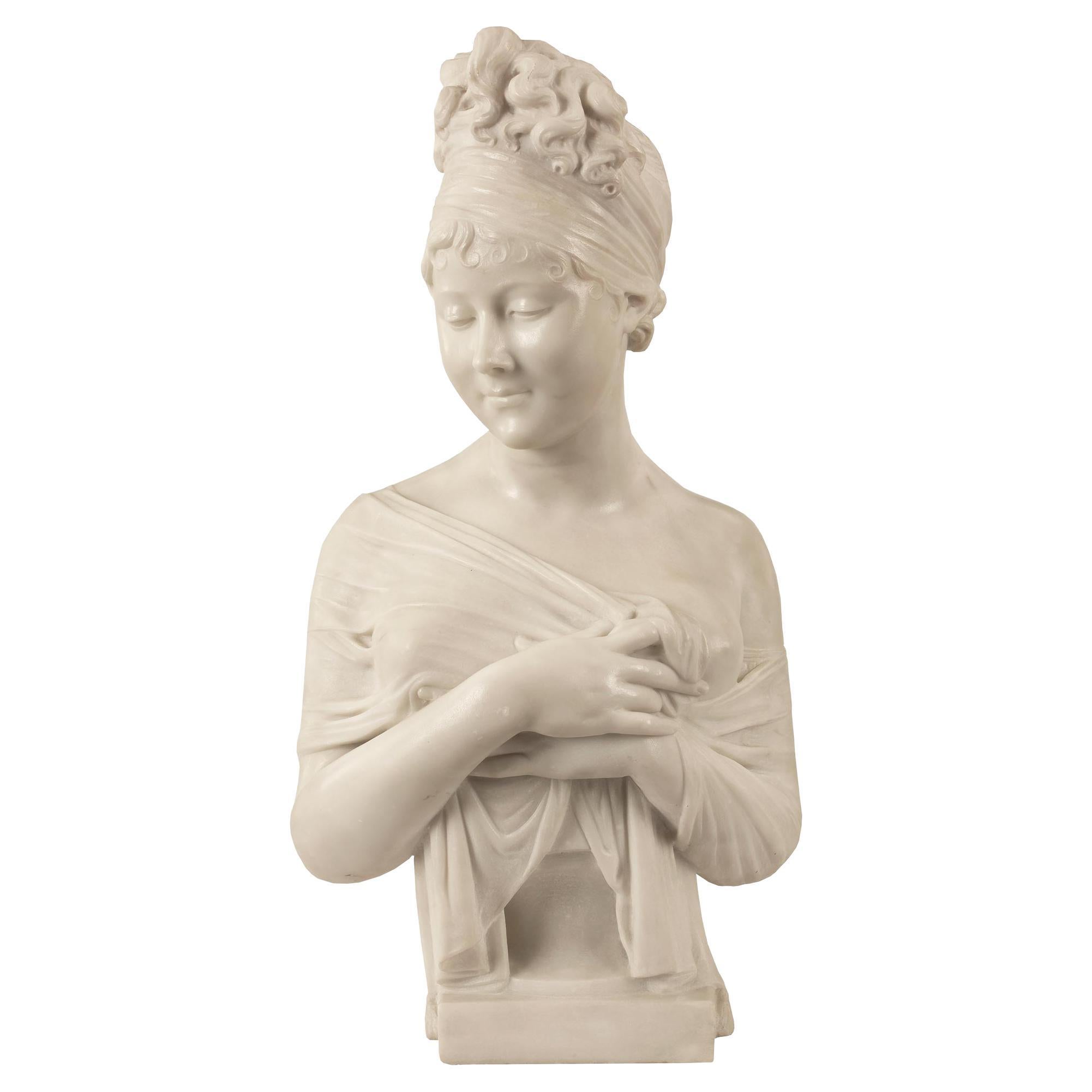 Italian 19th Century Neoclassical St. Carrara Marble Bust of Juliette Recamier For Sale