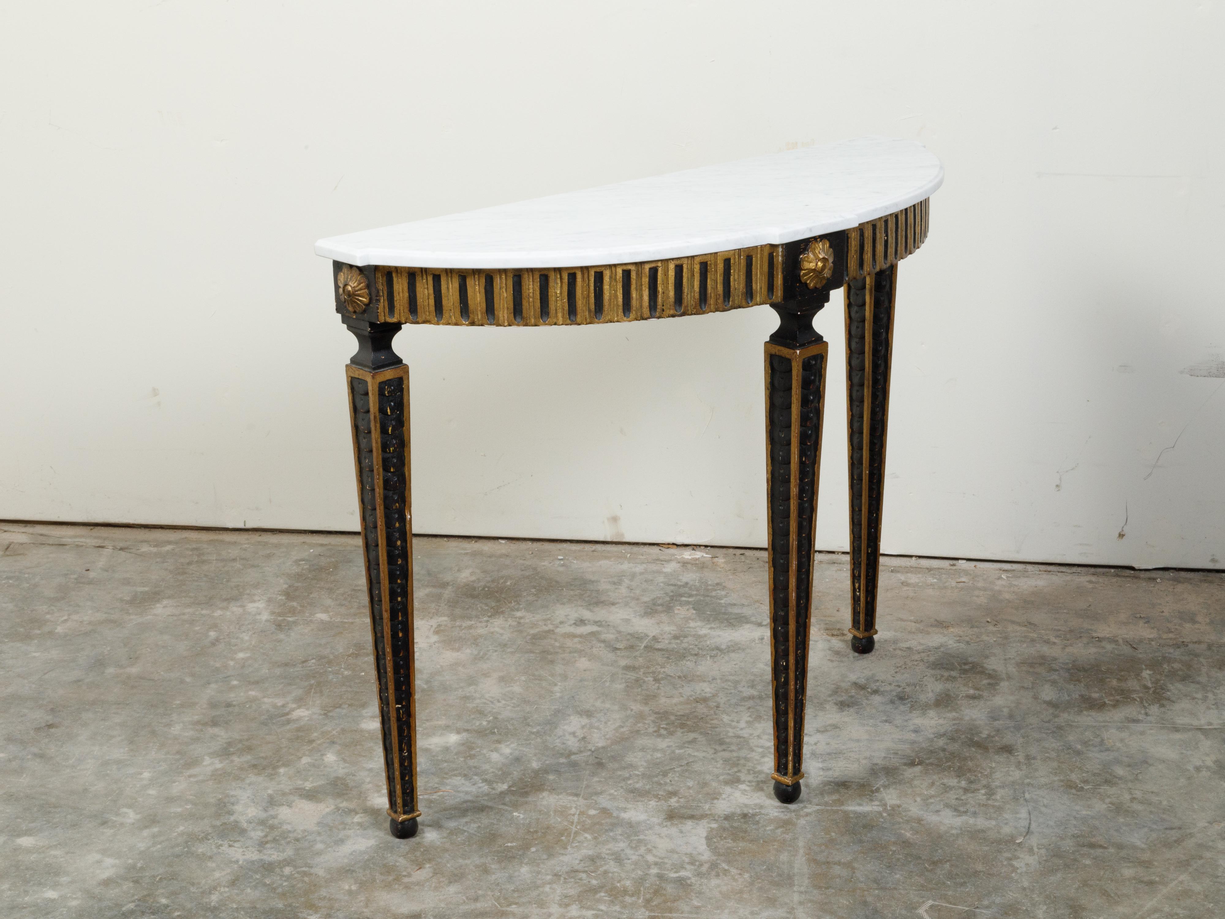 Carved Italian 19th Century Neoclassical Style Black Parcel-Gilt Marble Top Demilune For Sale