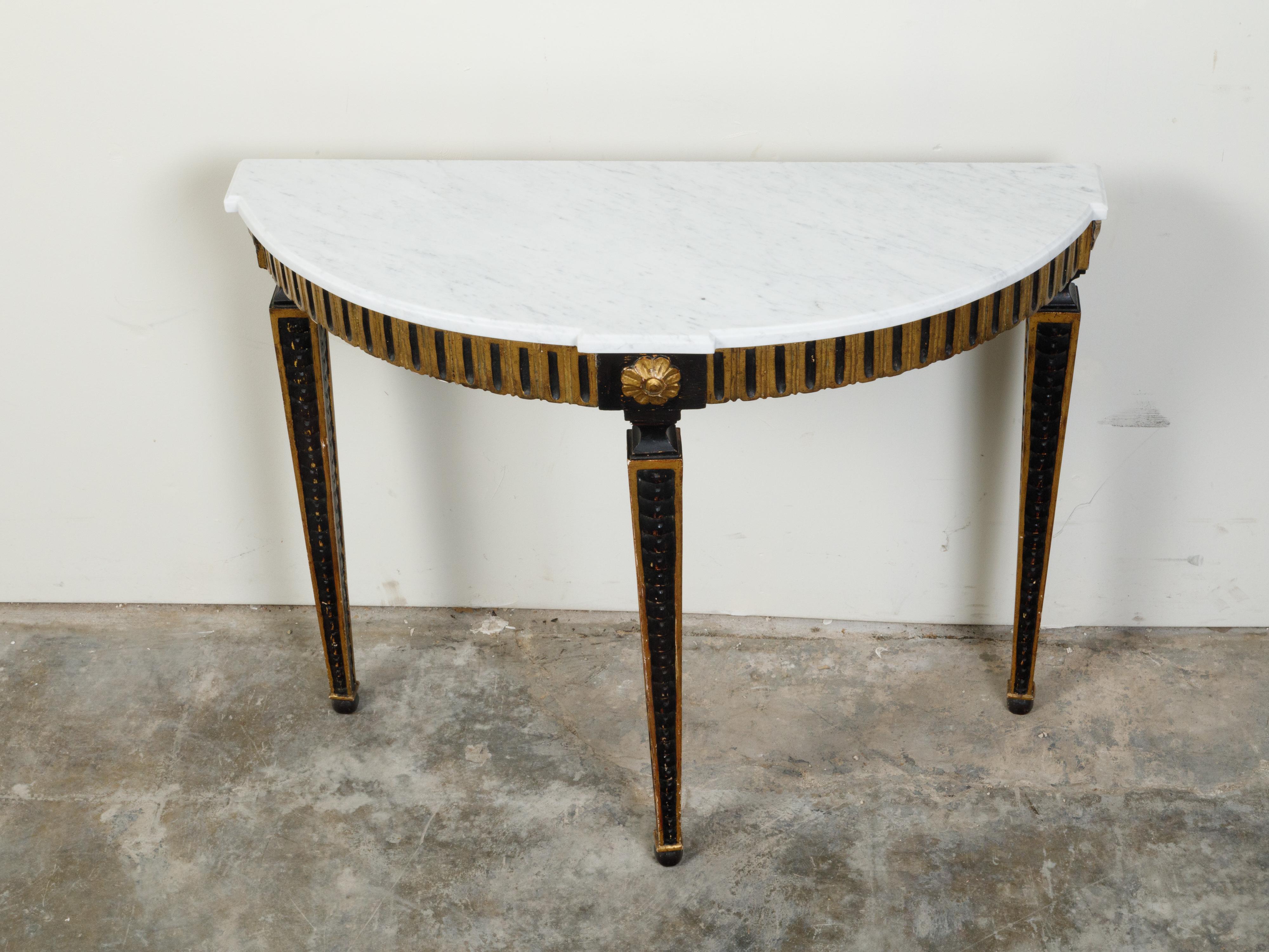 Italian 19th Century Neoclassical Style Black Parcel-Gilt Marble Top Demilune For Sale 4