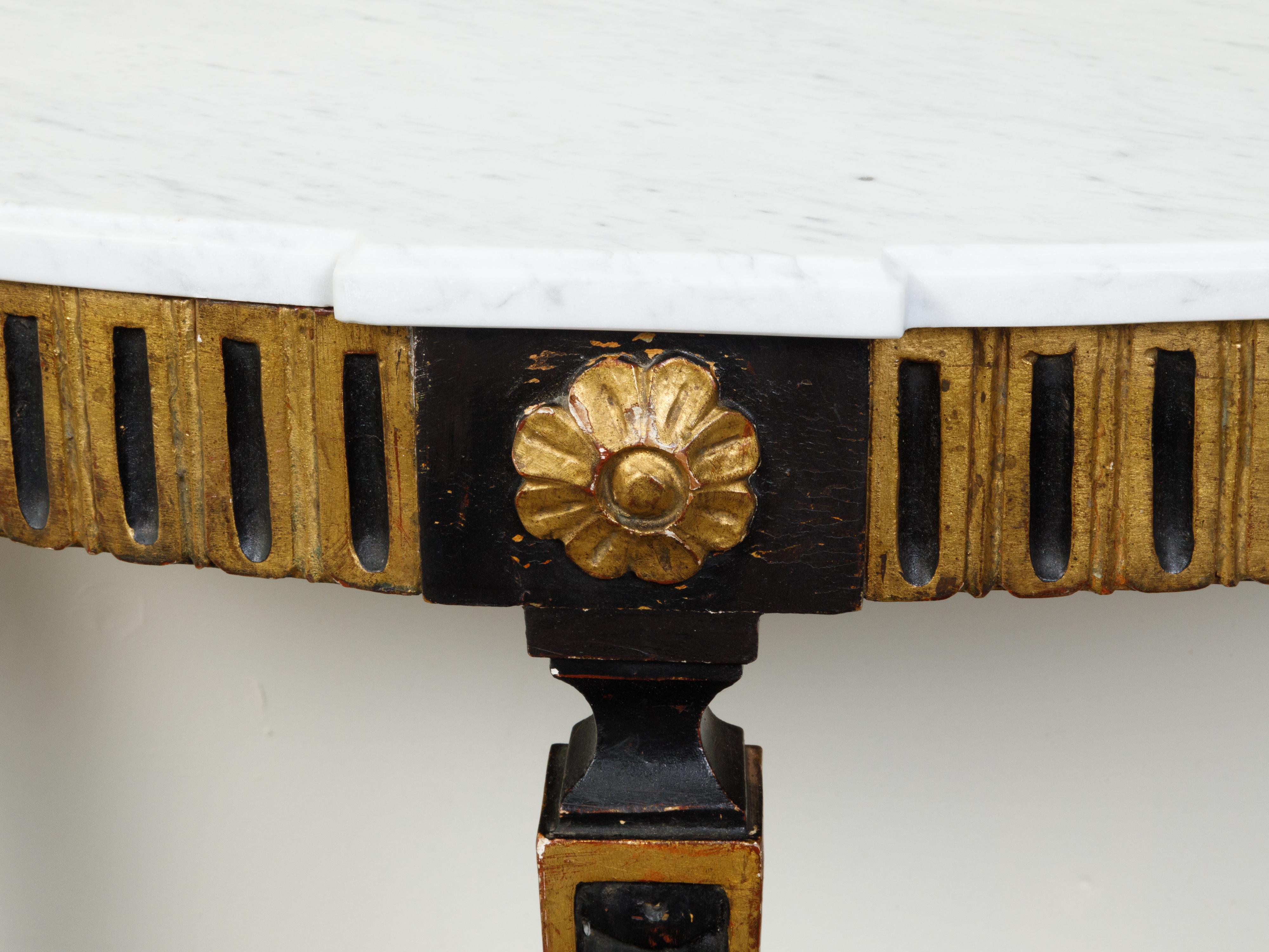 Italian 19th Century Neoclassical Style Black Parcel-Gilt Marble Top Demilune For Sale 5