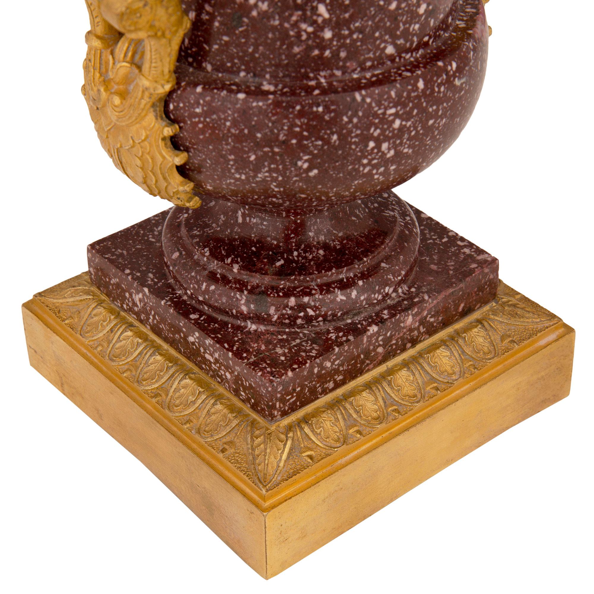  Italian 19th Century Neoclassical Style Imperial Porphyry and Ormolu Urn For Sale 1