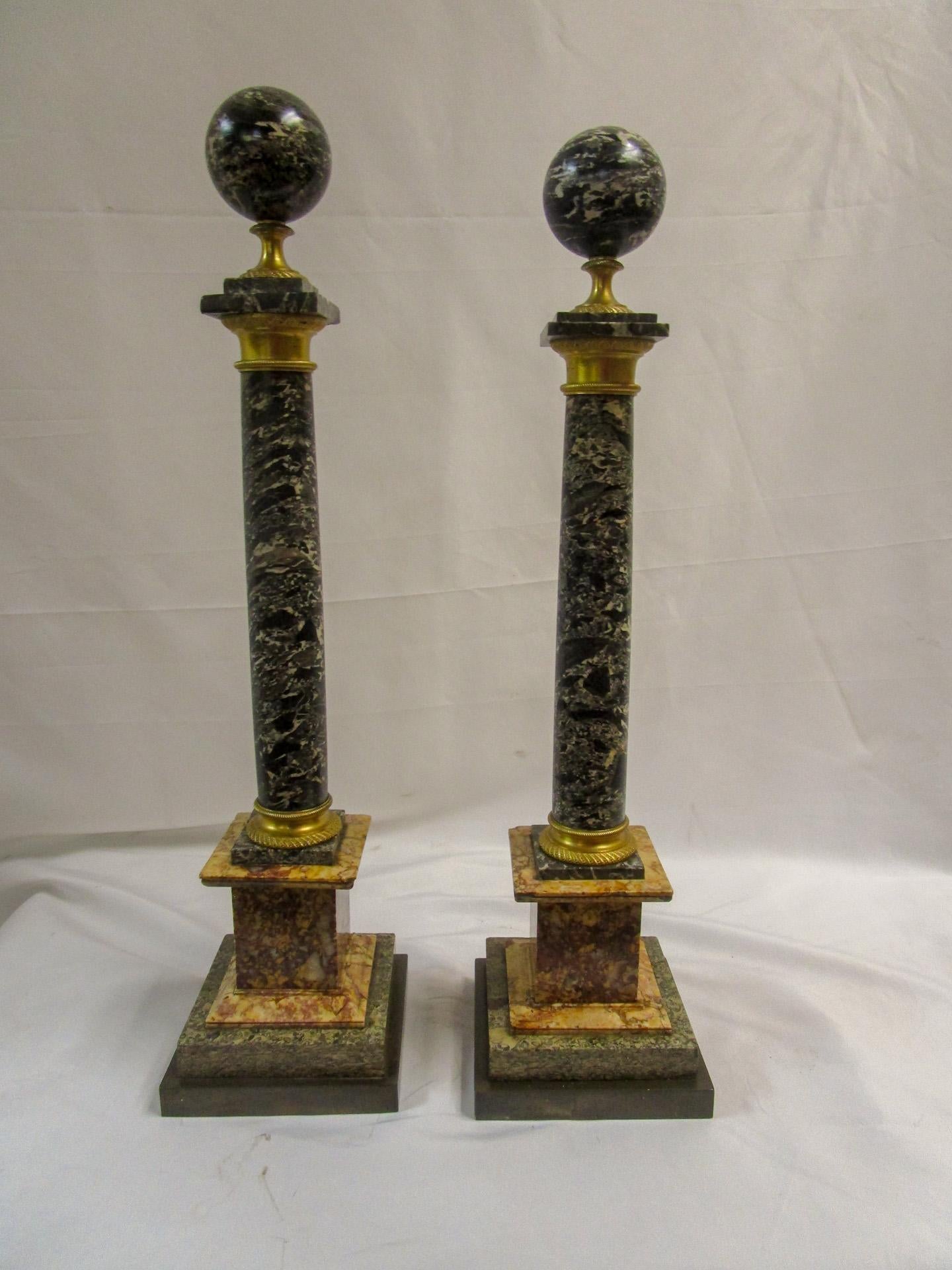 Italian 19th Century Neoclassical Style Ormolu and Marble Columns w/ Orb Finials For Sale 4