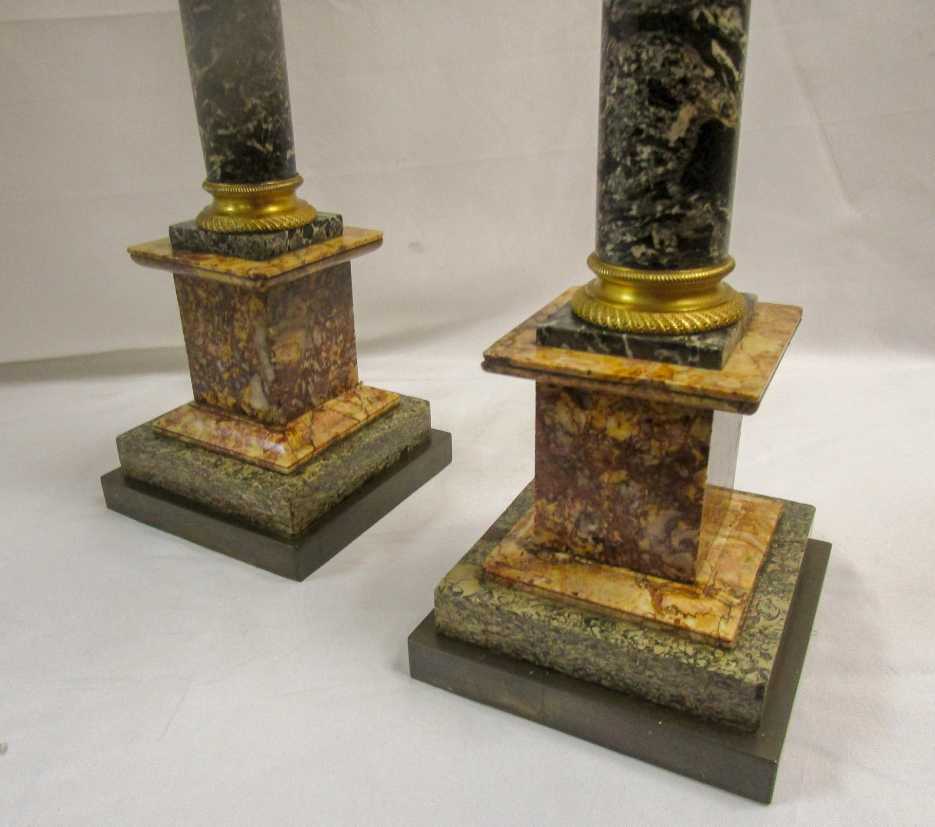 Grand Tour Italian 19th Century Neoclassical Style Ormolu and Marble Columns w/ Orb Finials For Sale