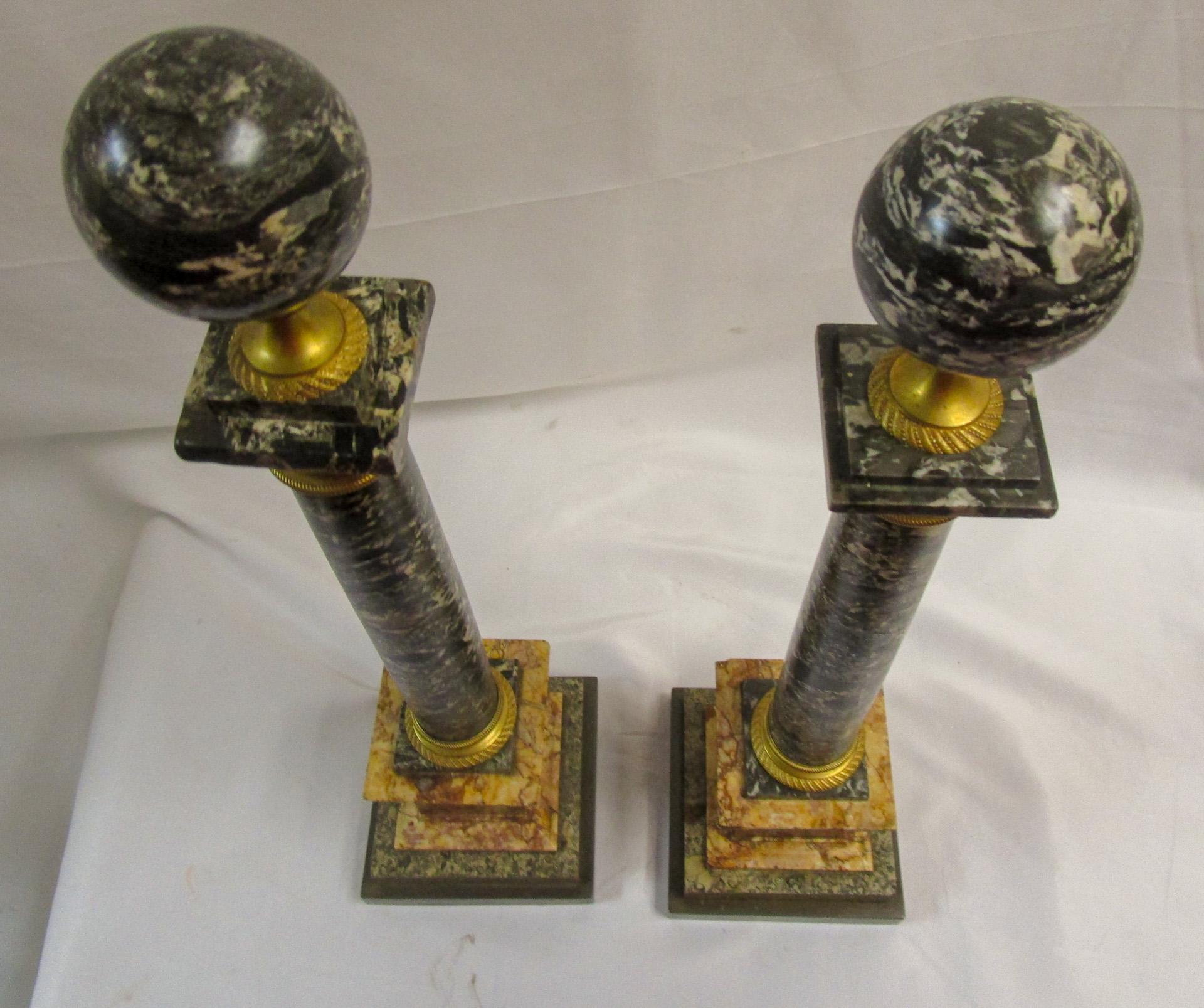 Italian 19th Century Neoclassical Style Ormolu and Marble Columns w/ Orb Finials For Sale 3