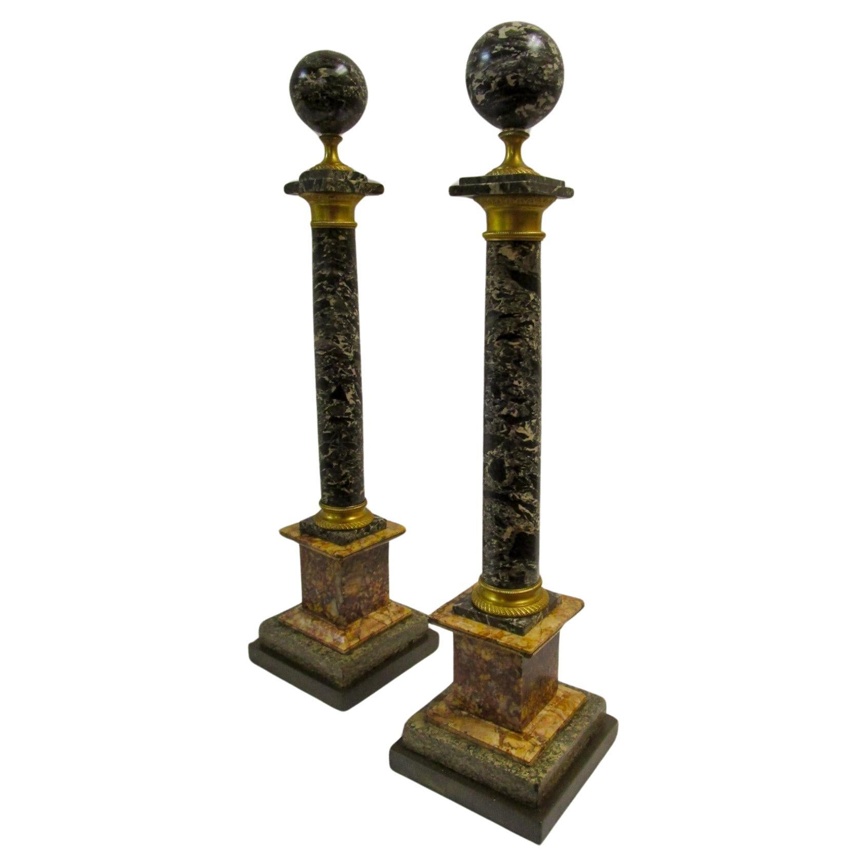 Italian 19th Century Neoclassical Style Ormolu and Marble Columns w/ Orb Finials For Sale