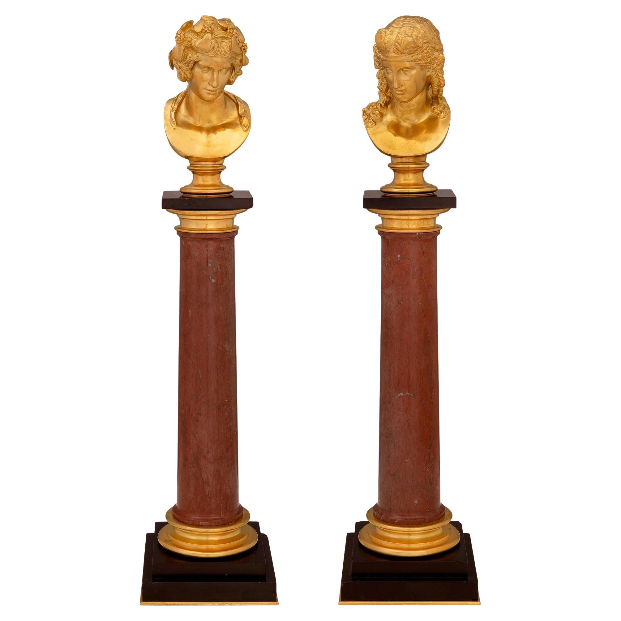Italian 19th Century Neoclassical Style Ormolu and Marble Columns with Busts For Sale