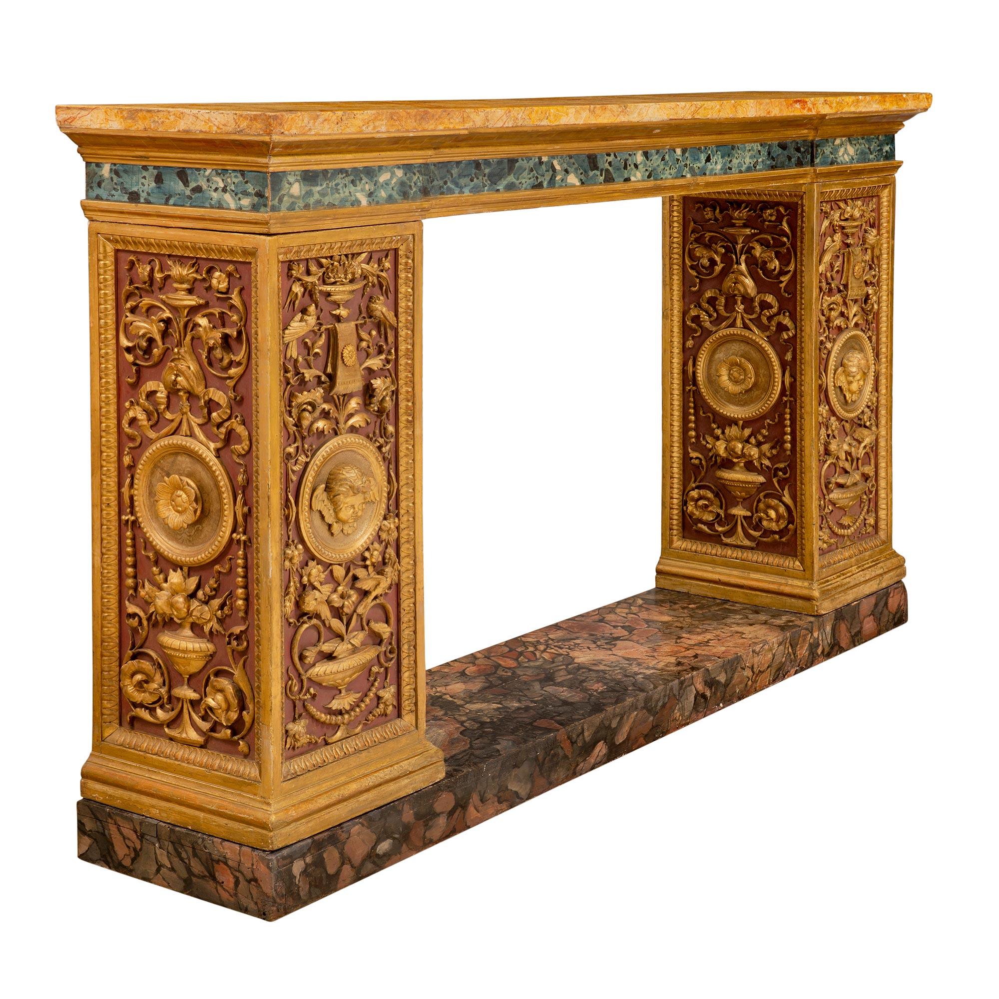 Patinated Italian 19th Century Neoclassical Style Painted and Giltwood Console For Sale
